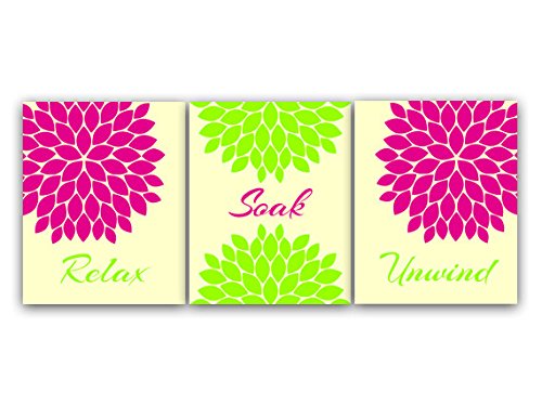 Lime Green and Pink Floral Bathroom Art Prints - Set of 3 Modern Bathroom Wall Decor for Relaxing Soak & Unwind | Perfect for Spa-Like Bathrooms, Guest Baths & Home Decor