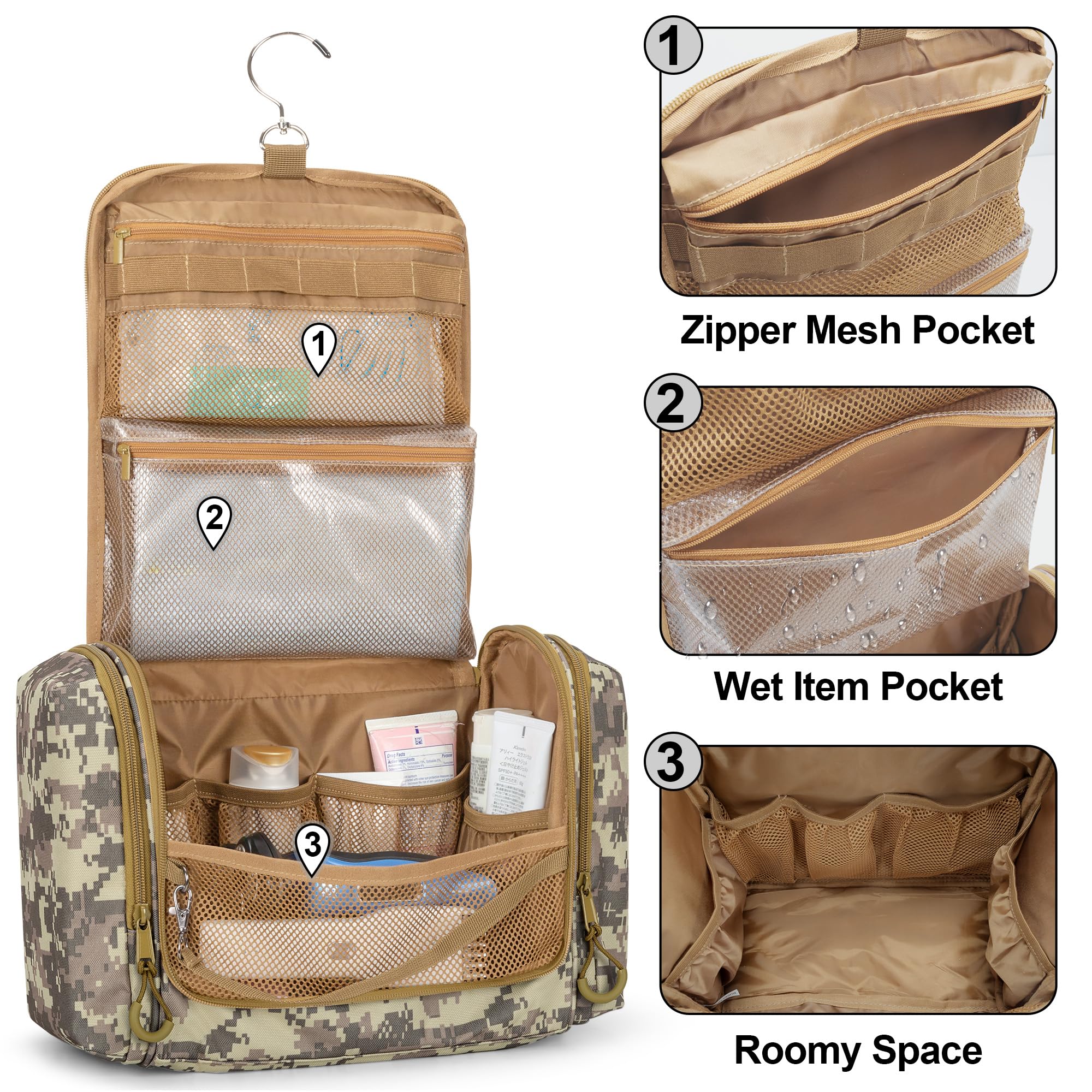 Tactical Toiletry Travel Bag for Men - Hanging Dopp Kit Shower Organizer with Hook for Toiletries & Shaving Essentials, Durable Hygiene Bag in Desert Yellow (Empty) - Perfect for Camping, Gym, Business Trips & Outdoor Adventures