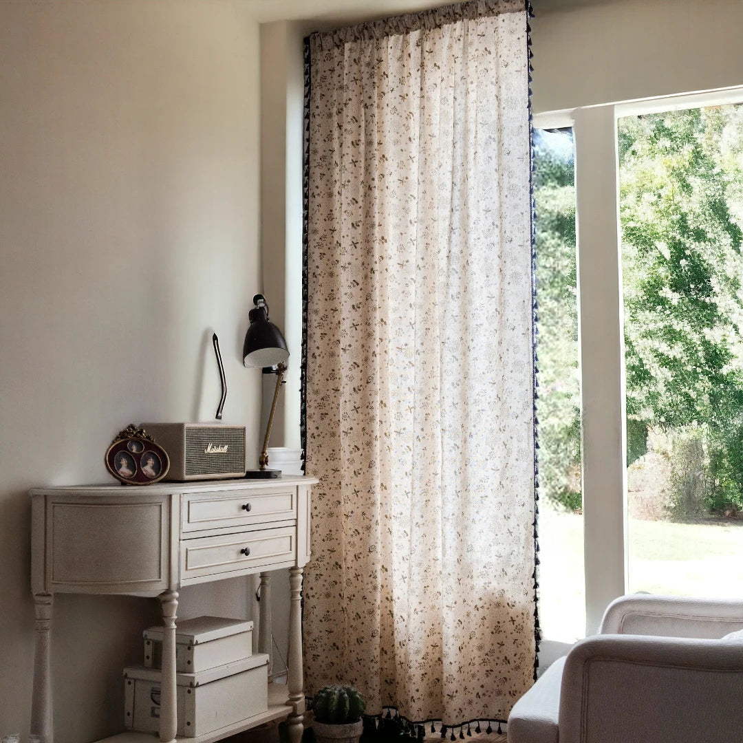 Leilani Dandelion Light Filtering White Custom Curtains with Tassels - Perfect for Living Room, Bedroom & Nursery Window Treatments