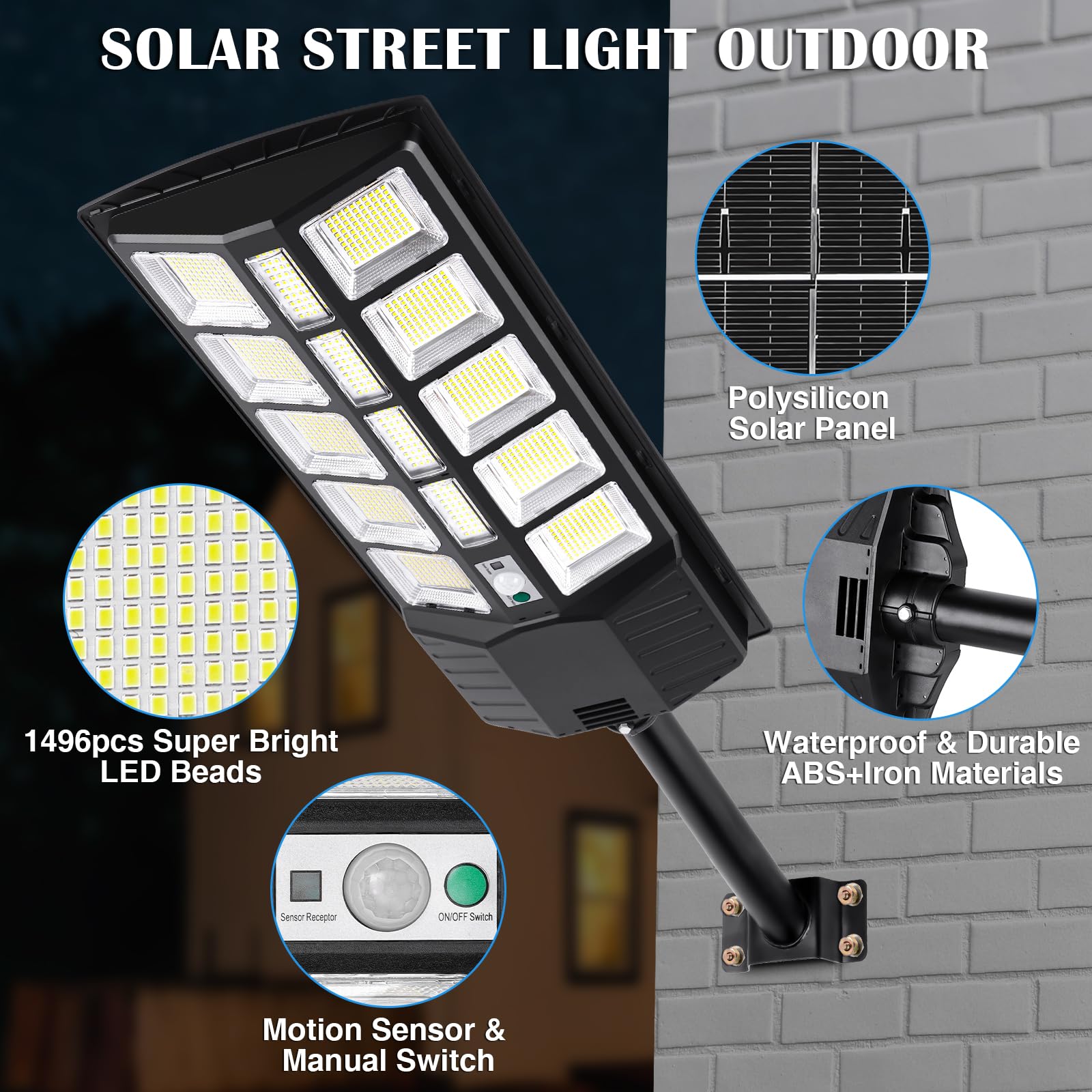 ZJOJO 3800W Solar Street Light Outdoor Waterproof - 30000LM 1160 LEDs Solar Lights for Outside, Dusk to Dawn Sensor - 9000K LED Parking Lot Light Solar Powered Flood Lights with Motion Sensor for Yard, Garden, Driveway & Pathway Lighting