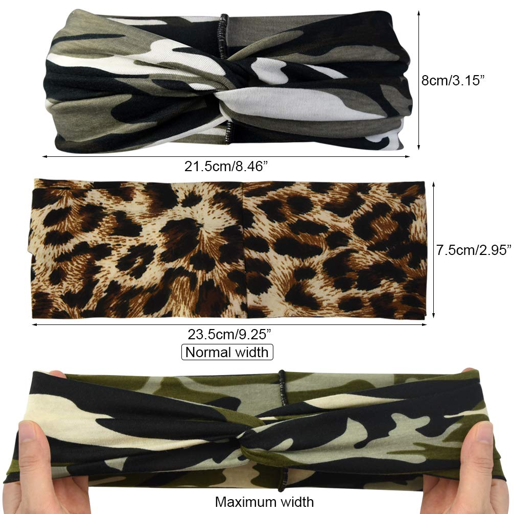 6-Piece Camo Leopard Print Elastic Headbands - Stretchy Bow Hairbands & Turban Twisted Head Wraps for Women & Girls - Perfect for Running, Sports, Travel & Workouts - Fashionable Hair Accessories for Gym, Yoga & Outdoor Activities