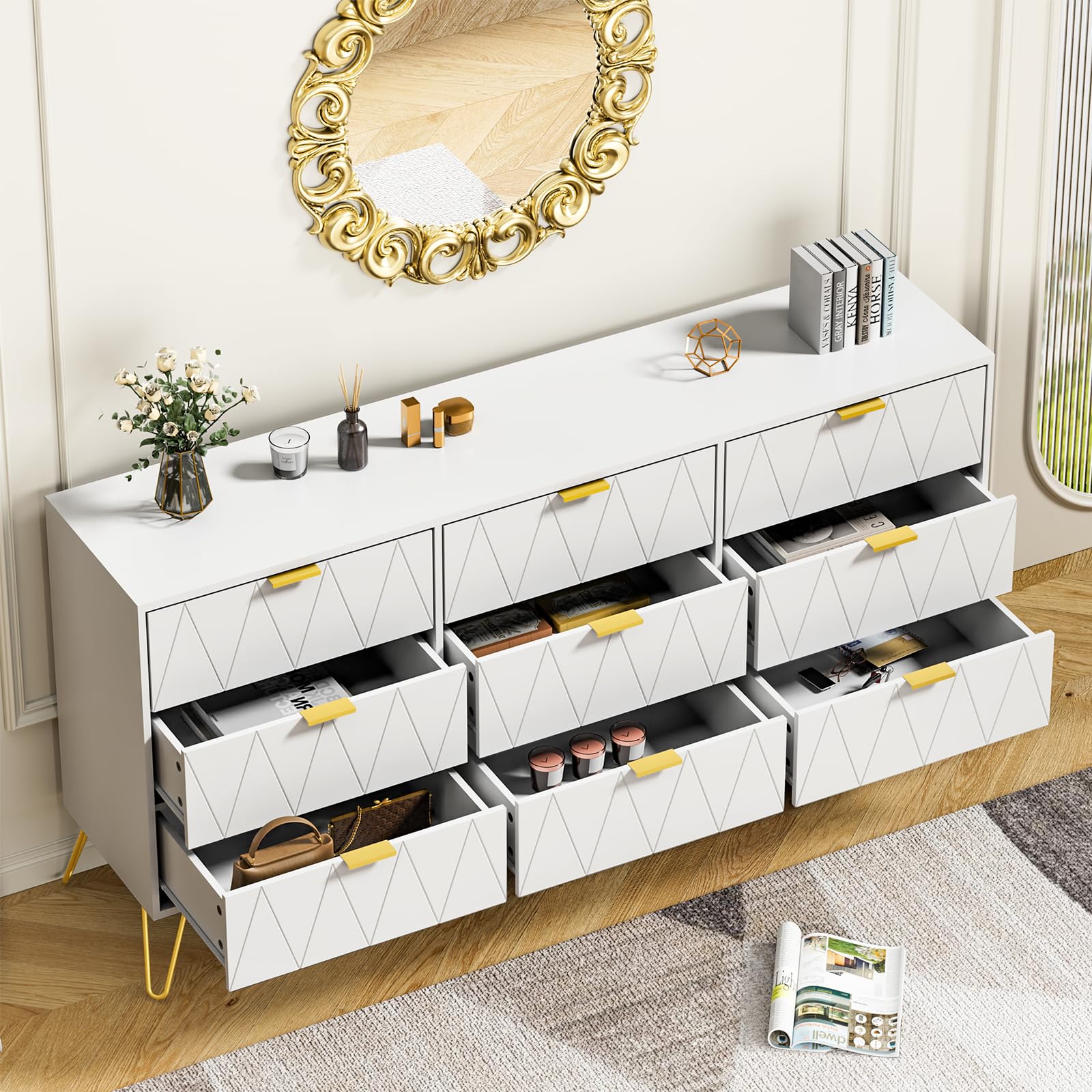Anbuy 7-Piece Modern Bedroom Furniture Set - White 9-Drawer Dresser, 6-Drawer Dresser, 2 Nightstands, Shoe Cabinet & Bookcase for Master Bedroom Decor
