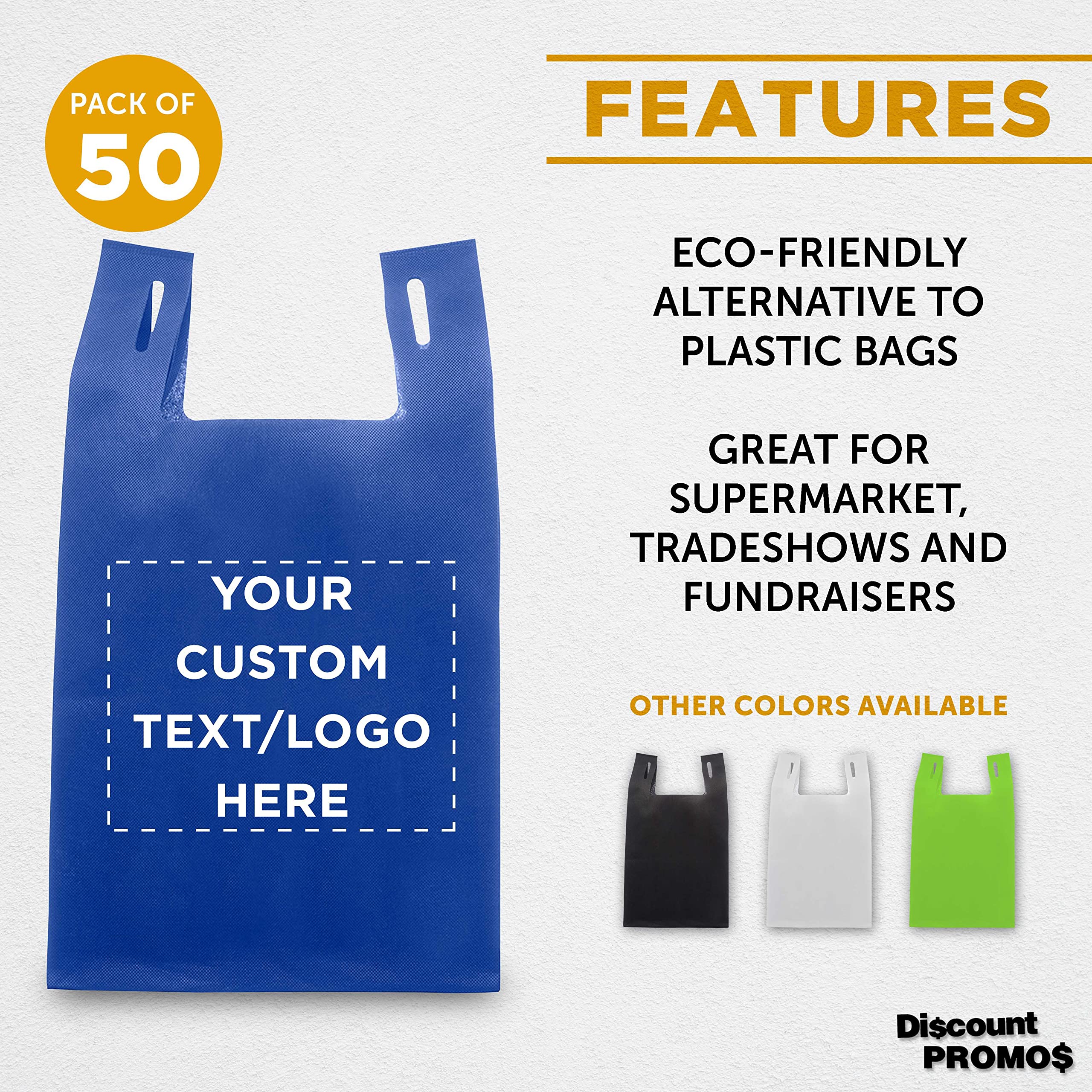 Custom Bodega Lightweight Tote Bags - Bulk Pack of 50 Reusable Grocery Bags - Personalized Promotional Totes for Trade Shows, Parties & Picnics - Eco-Friendly Shopping & Gift Bags (Blue)
