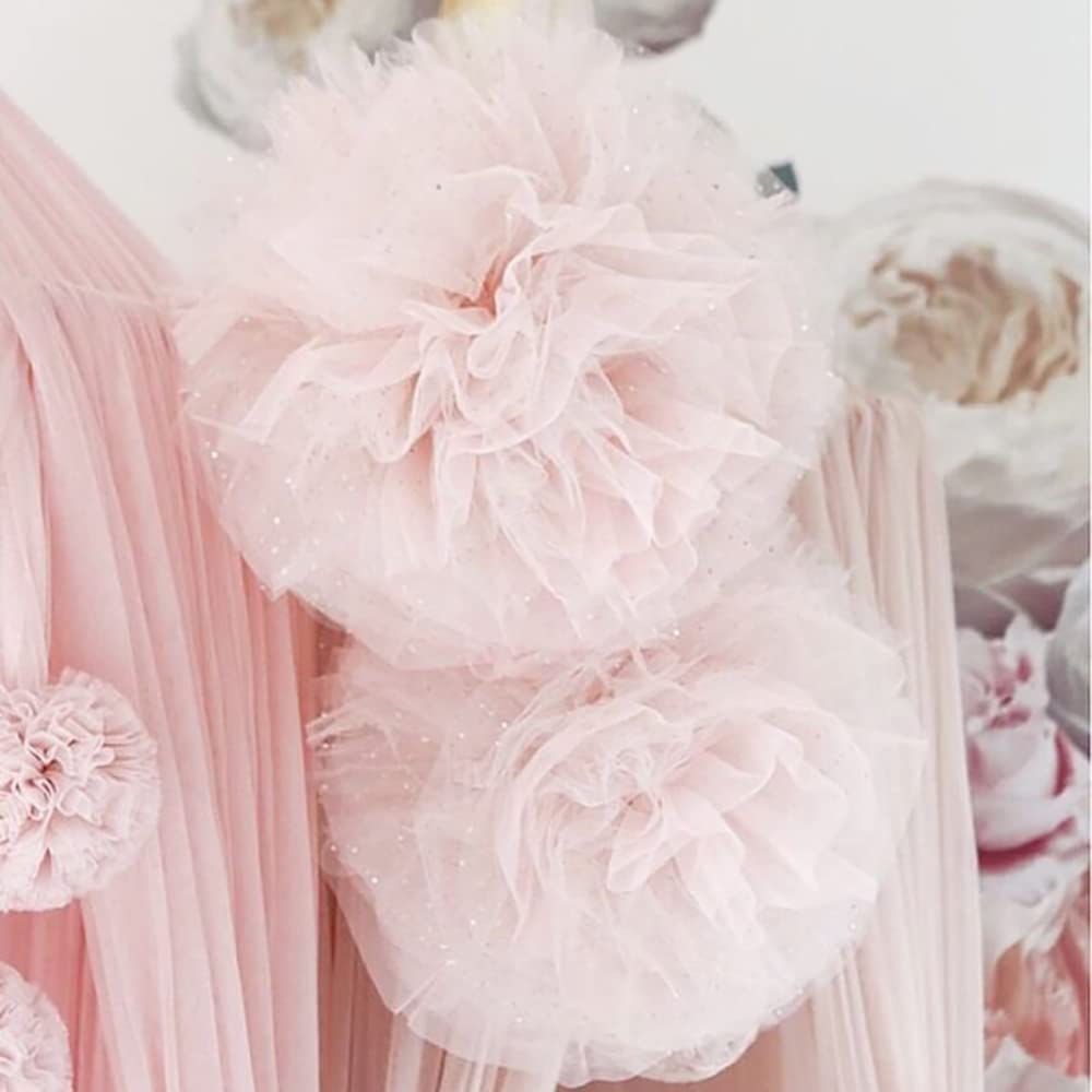 Pink Princess Canopy with Tulle Pom Poms - Set of 2 Fluffy Baby Girl Bed Canopies for Nursery, Bedroom Decor & Playroom Nook - Perfect for Princess Themed Rooms, Toddler Play Areas & Photoshoot Backdrops
