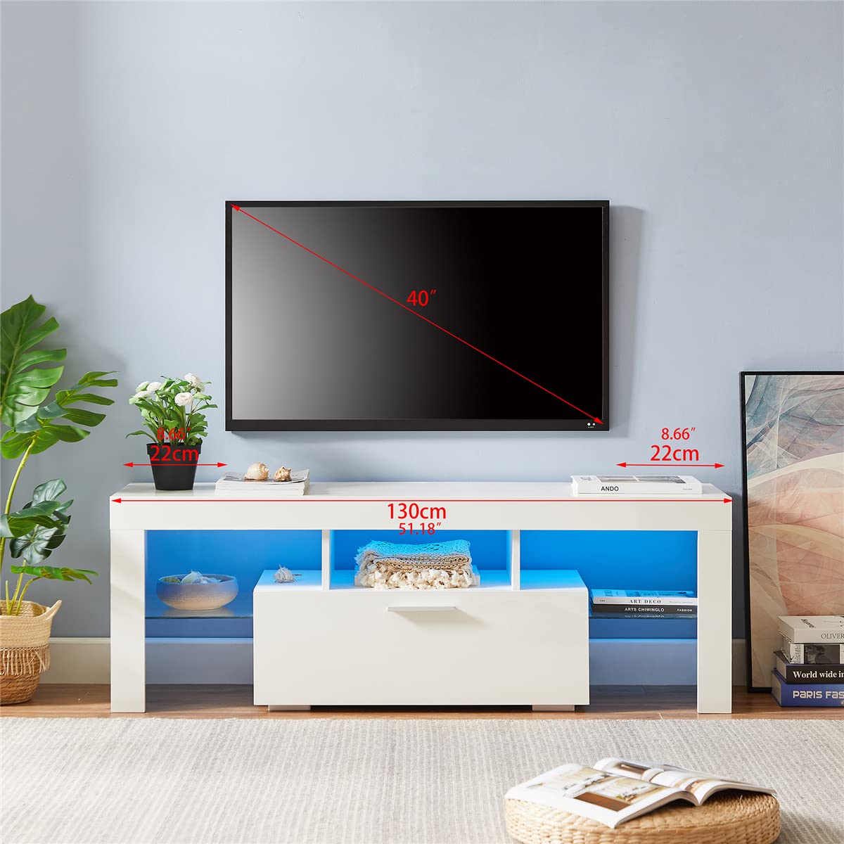 Modern TV Stand with 16-Color Adjustable LED Lighting, White Media Console with Storage Cabinet & Open Shelves - 51.2