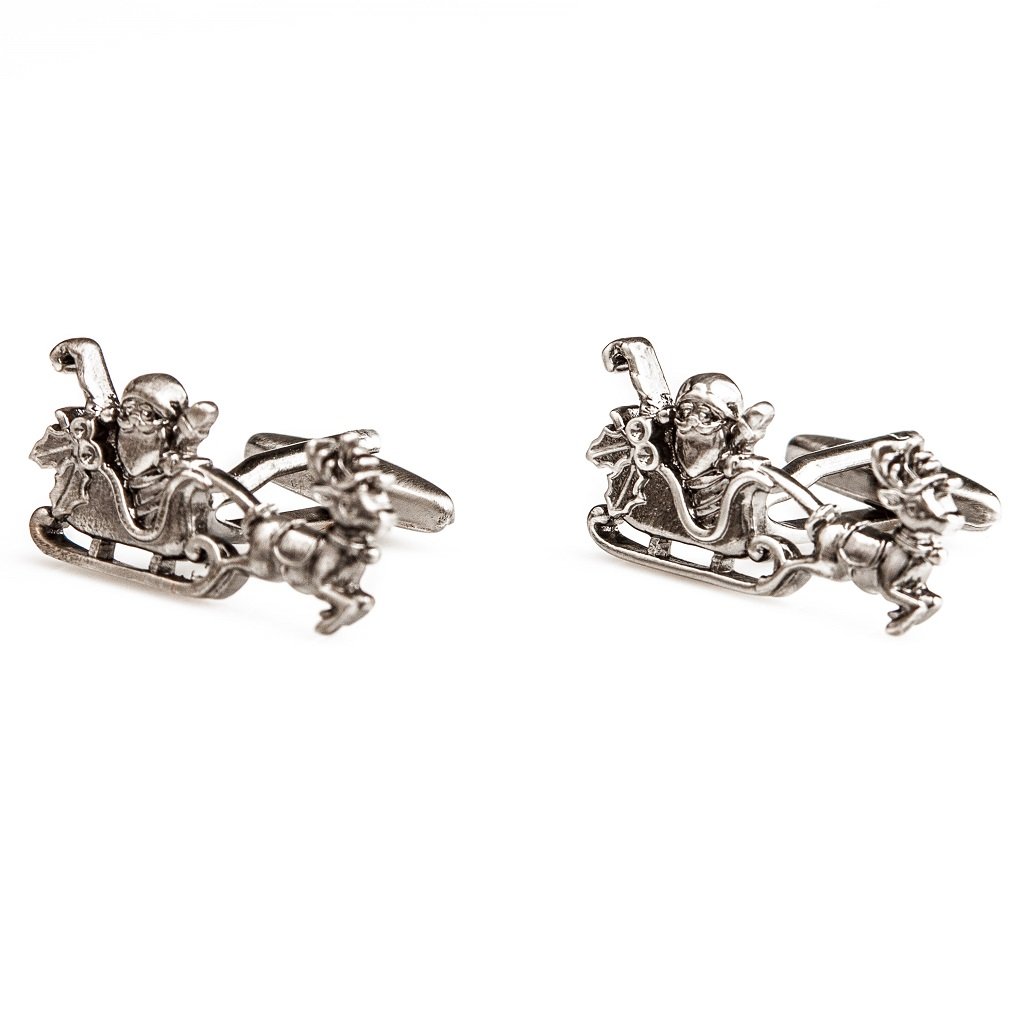 MRCUFF Santa Claus Christmas Reindeer Sleigh Cufflinks Set - Sterling Silver Dress Cuff Links for Men with Gift Box & Polishing Cloth - Perfect for Holiday Parties, Weddings & Formal Events