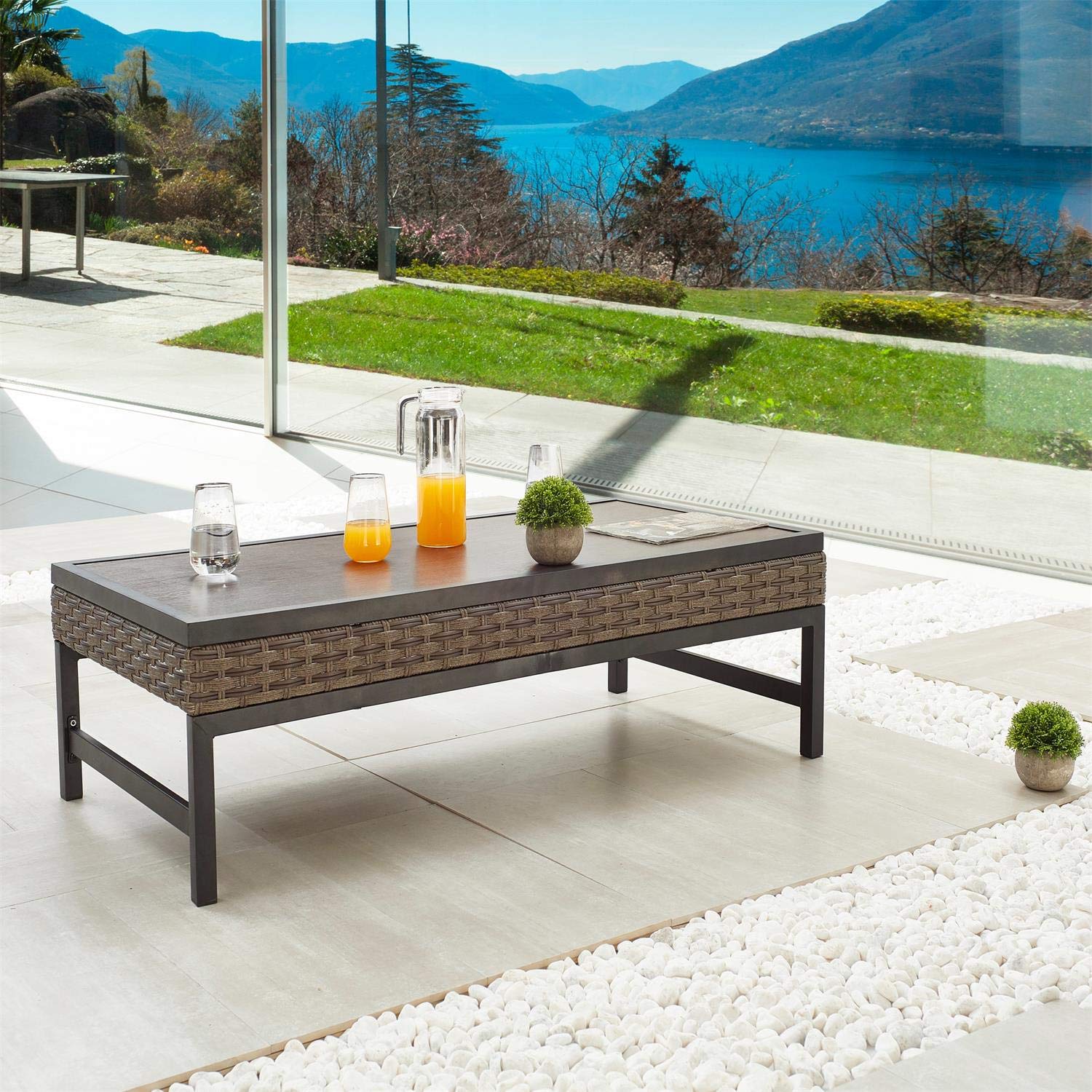 **PE Wicker Coffee Table - Outdoor Brown Metal Rattan End Table for Patio, Garden, Deck & Pool - Weather-Resistant Tea Table Furniture for Relaxing & Entertaining**