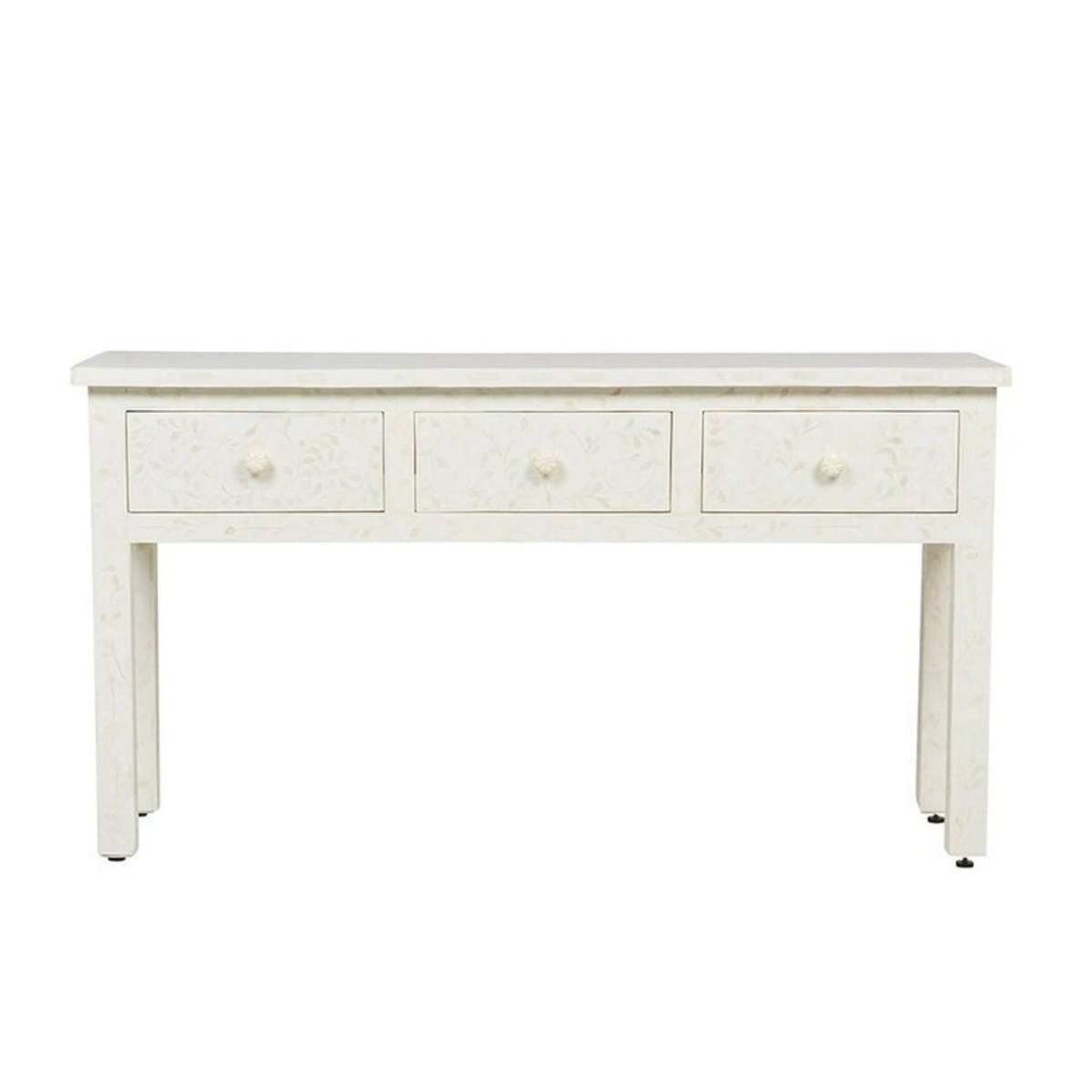 Handmade White Bone Inlay Floral Design 3-Drawer Console Table - Elegant Entryway Furniture for Hallway, Living Room & Bedroom Decor