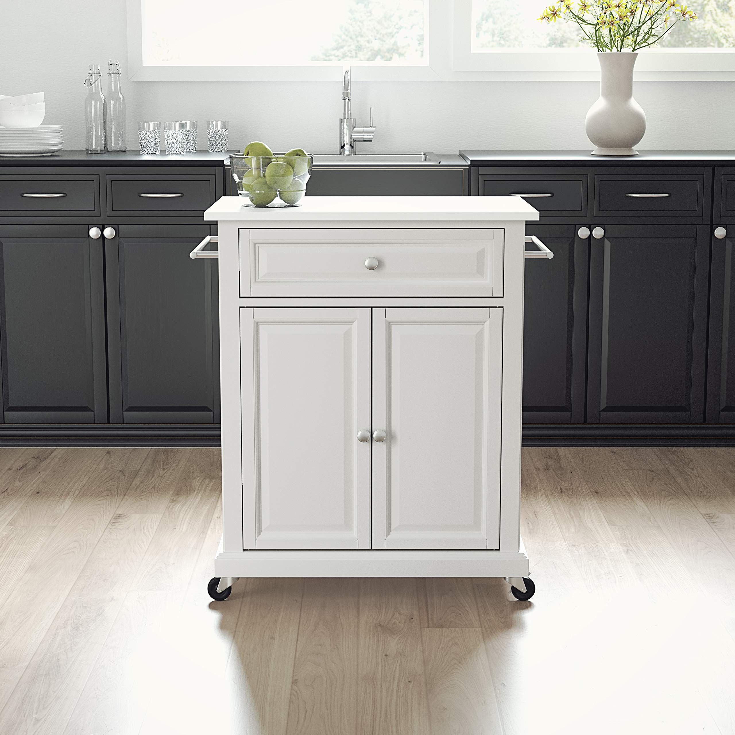 Crosley White Compact Rolling Cart with Stone Top & Shelves - Microwave Stand, Towel Rack, Small Kitchen Island for Apartments, Dorms & Office Spaces
