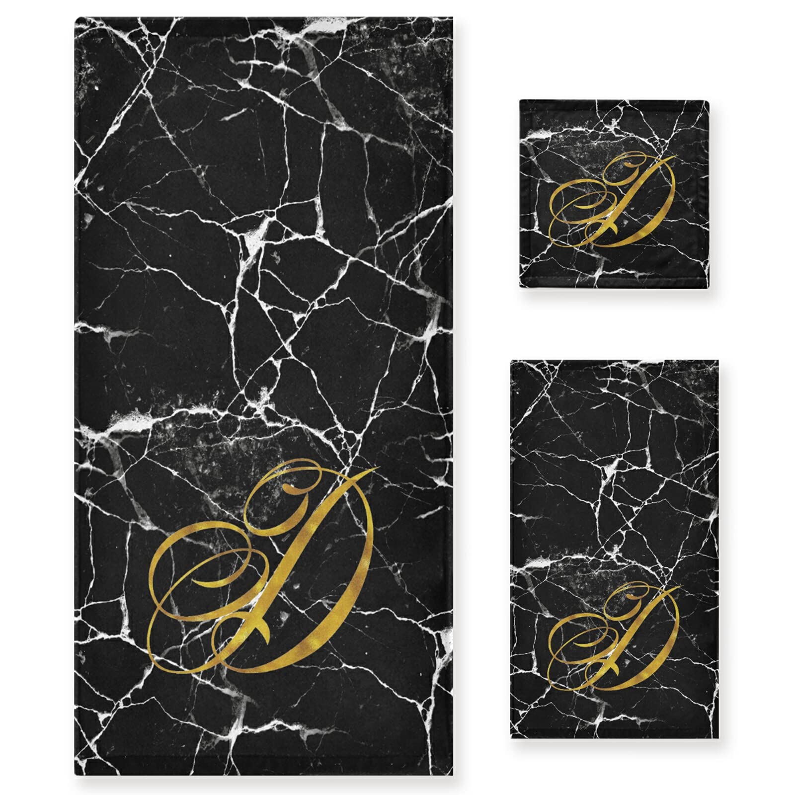Jucciaco D Monogrammed Bath Towel Set - 3 Piece Luxury Black & White Marble Design | Ultra Absorbent & Soft Cotton Bath, Hand & Washcloth Towels | Perfect for Spa, Bathroom & Guest Room Decor