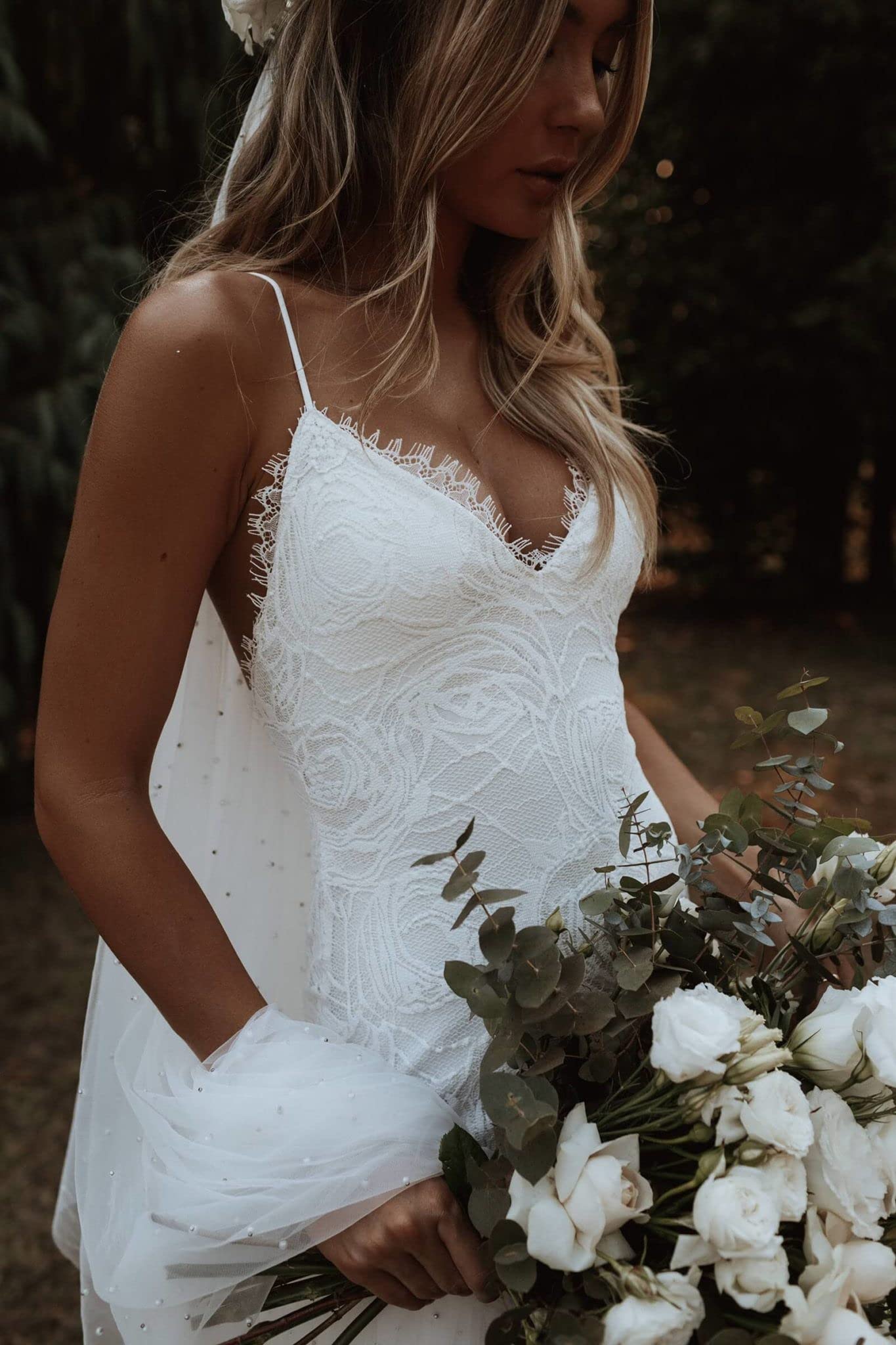 Clothfun Women's Lace Mermaid Beach Wedding Dress 2024 - Long Sleeve Bridal Gown for Bride | Perfect for Beach Weddings, Destination Elopements & Romantic Photoshoots