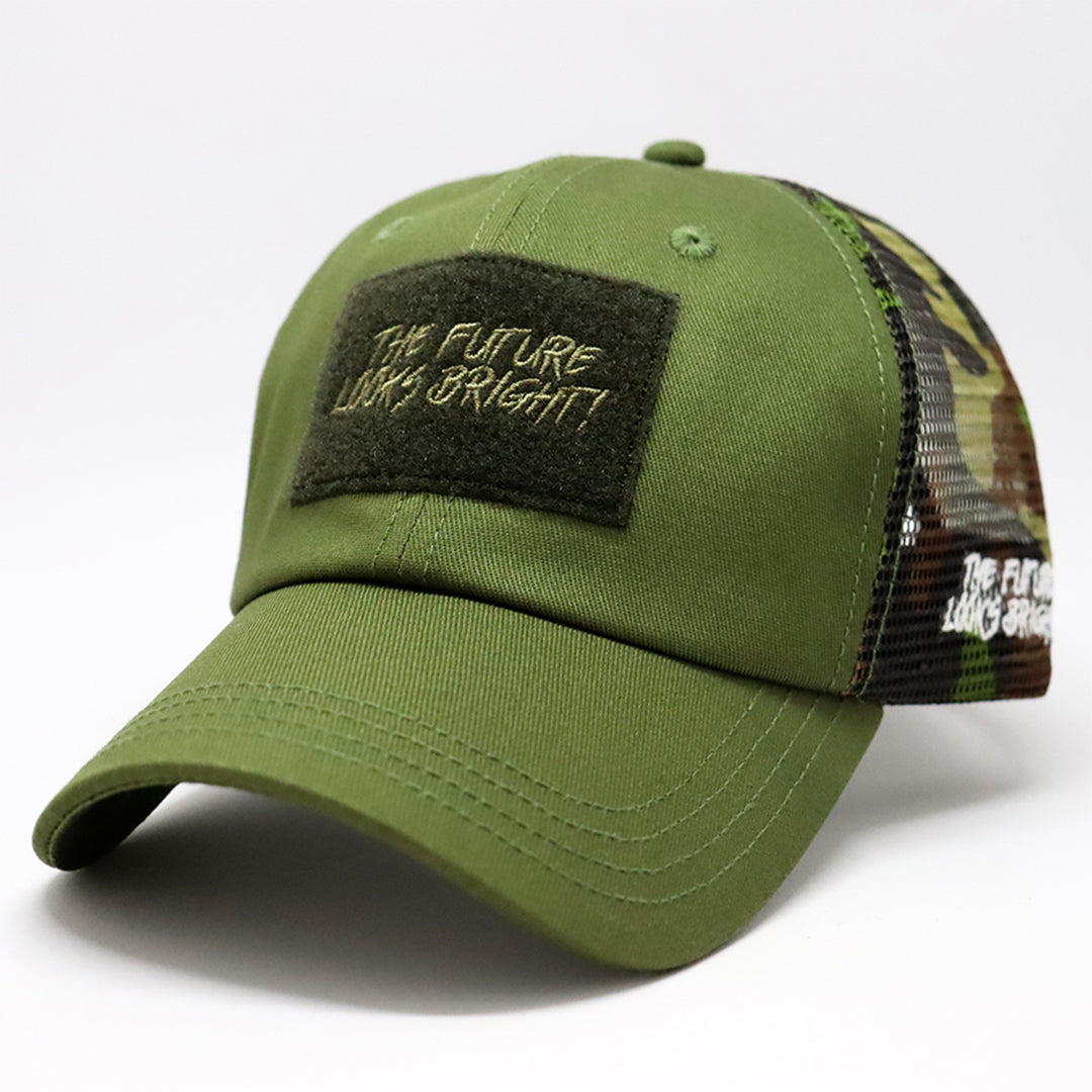 Future Looks Bright Army Green Camo Trucker Snapback Hat - Adjustable Baseball Cap for Outdoor, Casual & Streetwear Style