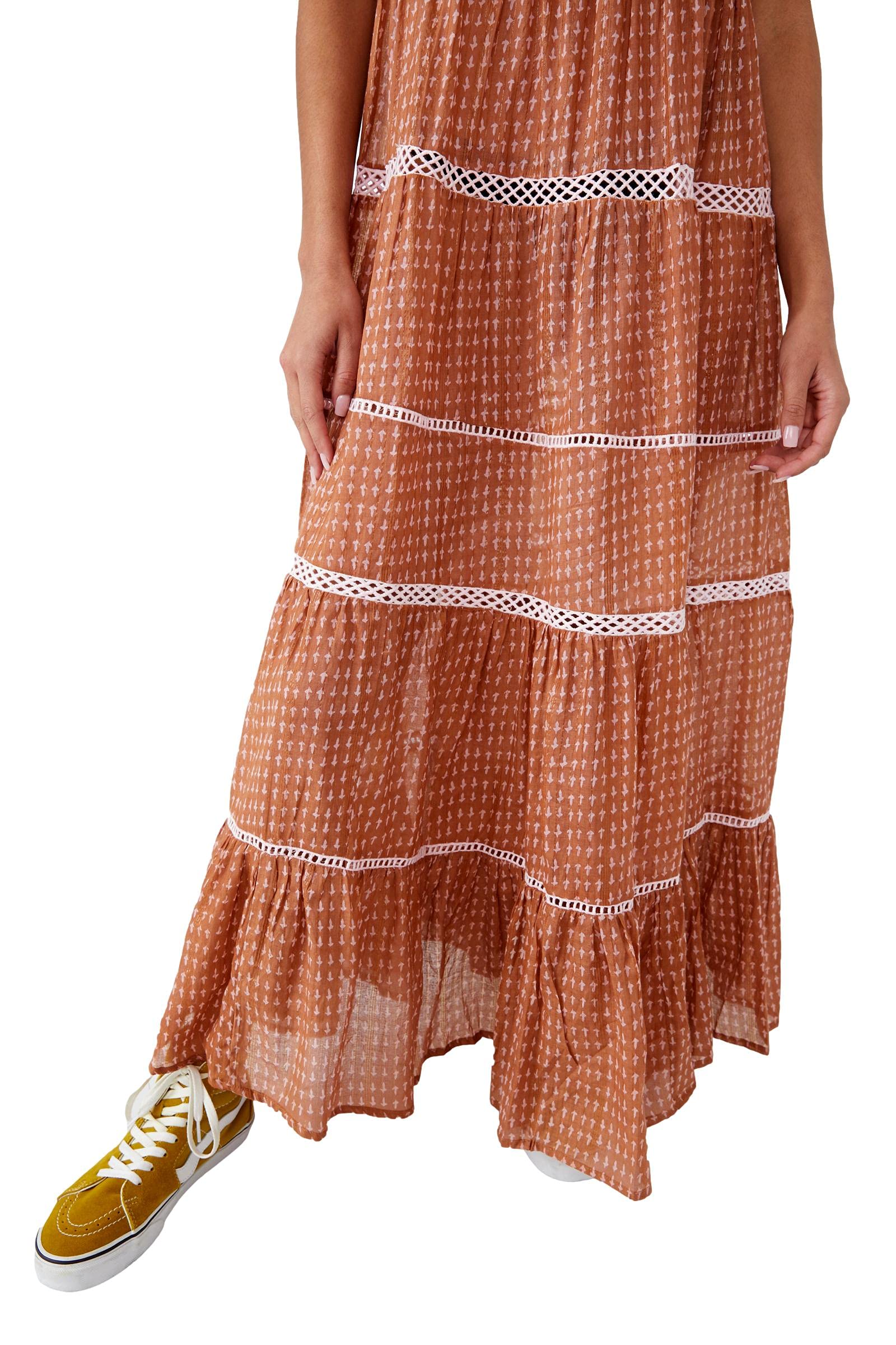 Free People Women's Midnight Dance Print Maxi Dress - Rust Combo, Size S | Bohemian Floral Long Dress for Summer, Beach, Music Festivals & Casual Outings
