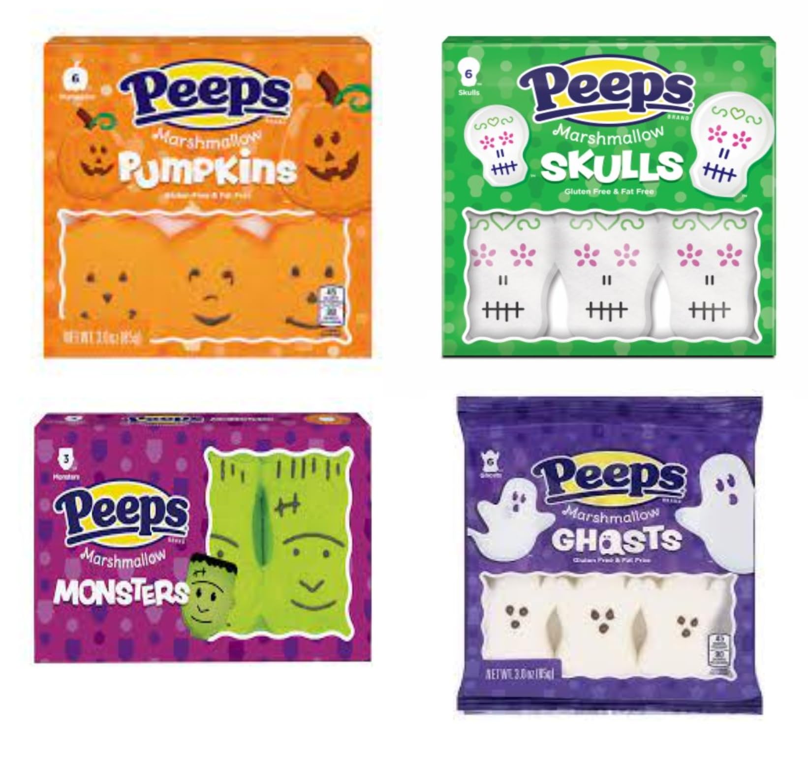 Halloween Peeps Candy Variety Pack - Ghosts, Monsters, Pumpkins & Skulls - 3oz (4 Pack) | Fun Halloween Treats for Parties, Trick-or-Treating & Office Celebrations