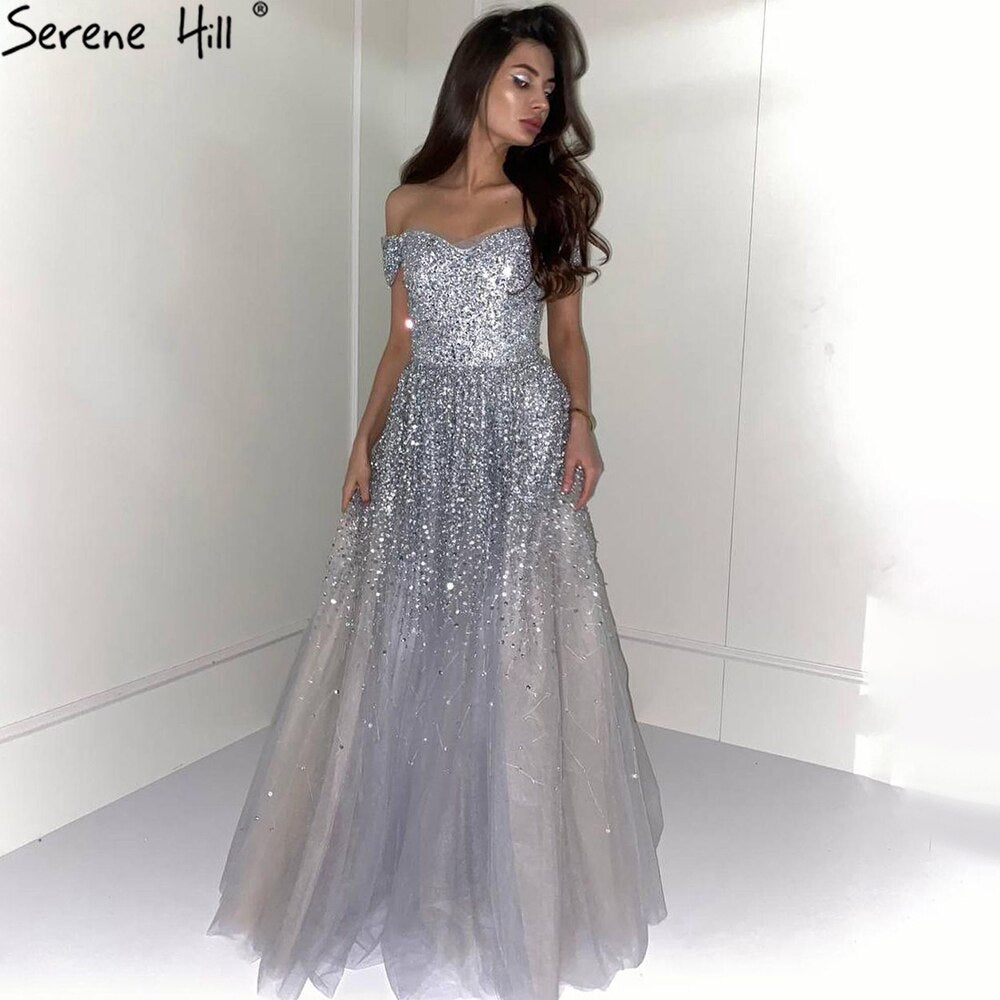 Serene Hill Grey Luxury A-Line Evening Dresses for Women 2025 - Beaded Bling Sexy Gowns for Wedding, Party & Special Occasions - LA71188