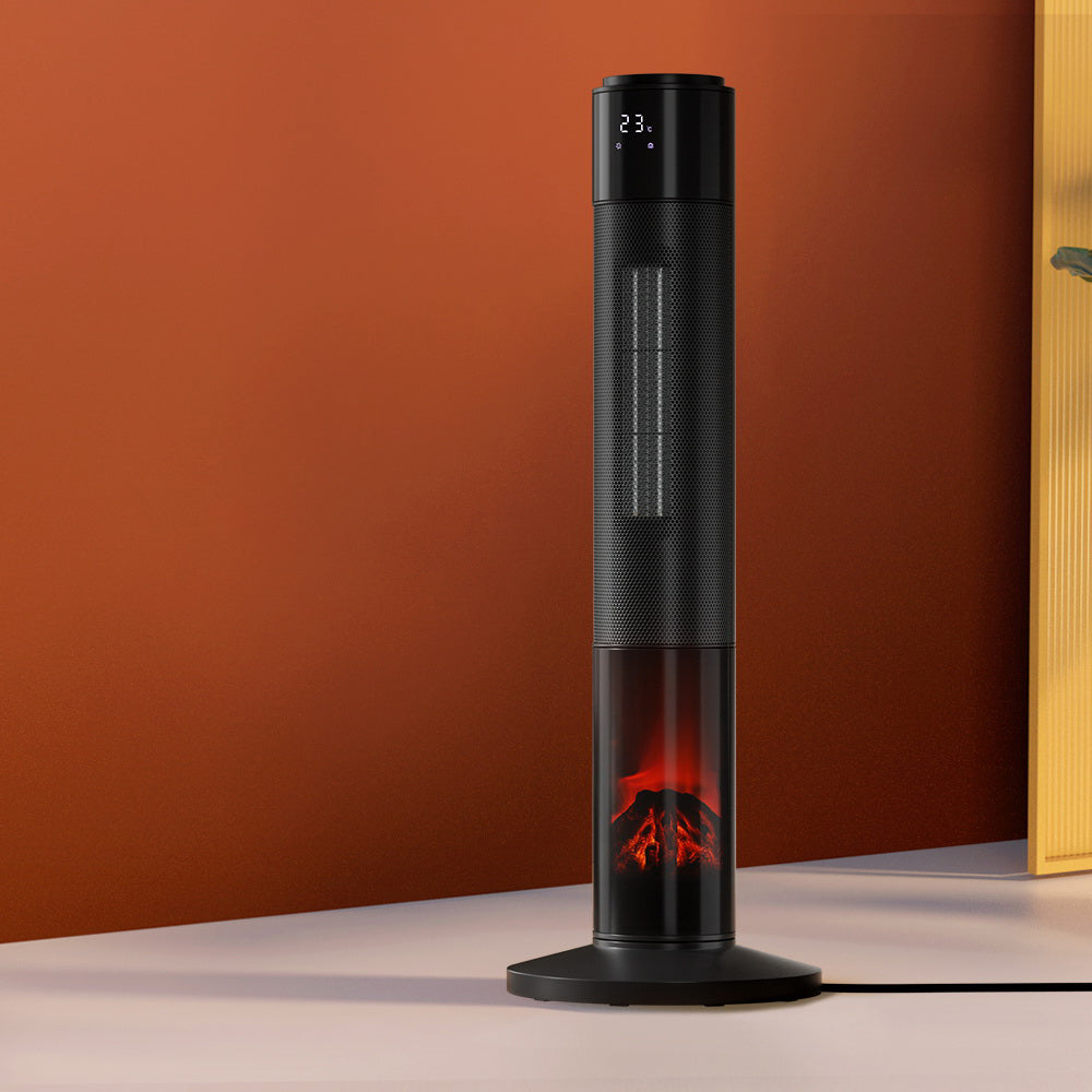 Devanti 2000W Ceramic Tower Heater with 3D Flame Effect - Fast Heating Space Heater for Bedroom, Living Room & Office - Energy Efficient Electric Heater with Adjustable Thermostat & Remote Control