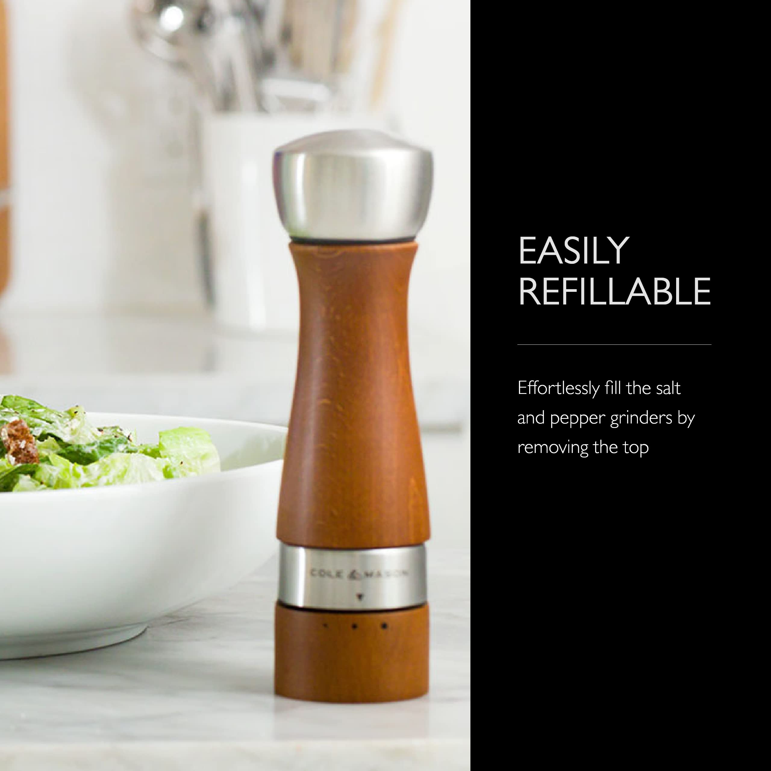 COLE & MASON Oldbury Wooden Salt and Pepper Grinder Set - Premium Adjustable Gourmet Mills with Precision Mechanism, Includes Gift Box & Sea Salt & Peppercorns - Perfect for Kitchen, Dining Table & Gift Giving