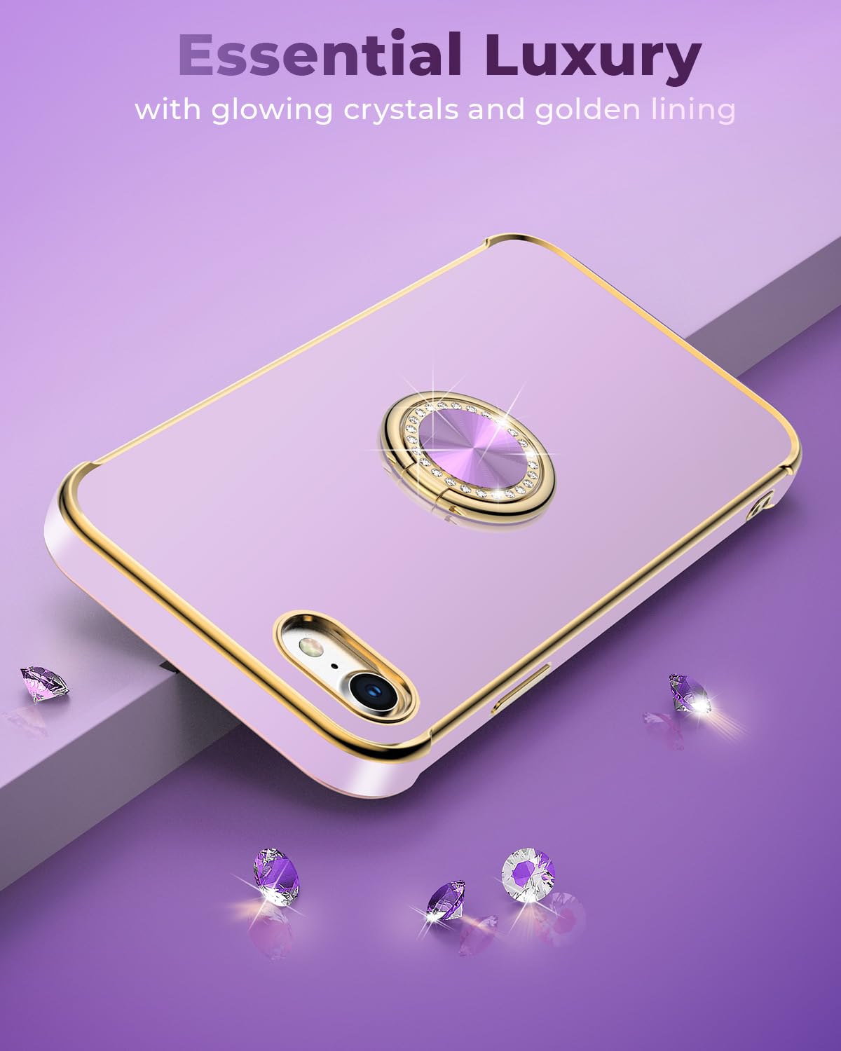 Premium Luxury Electroplated iPhone SE 3/SE 2020/8/7 Case with Ring Holder Stand & Lanyard - Shockproof Soft Protective Cover for Women & Girls (Purple) - Perfect for Daily Use, Travel, and Hands-Free Convenience