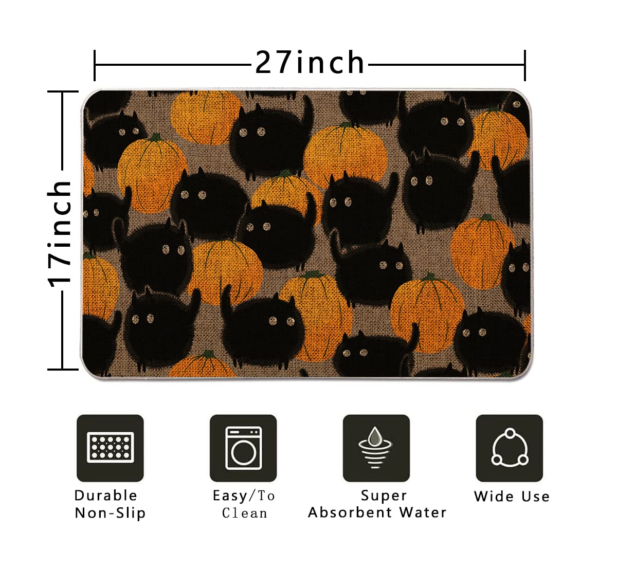 GAGEC Halloween Doormat - 17x27 Inch Non-Slip Outdoor Entrance Rug with Pumpkin & Cat Design, Waterproof Bathroom Mat for Farmhouse, Kitchen, Front Door Decor - Perfect for Fall, Thanksgiving & Home Entryway