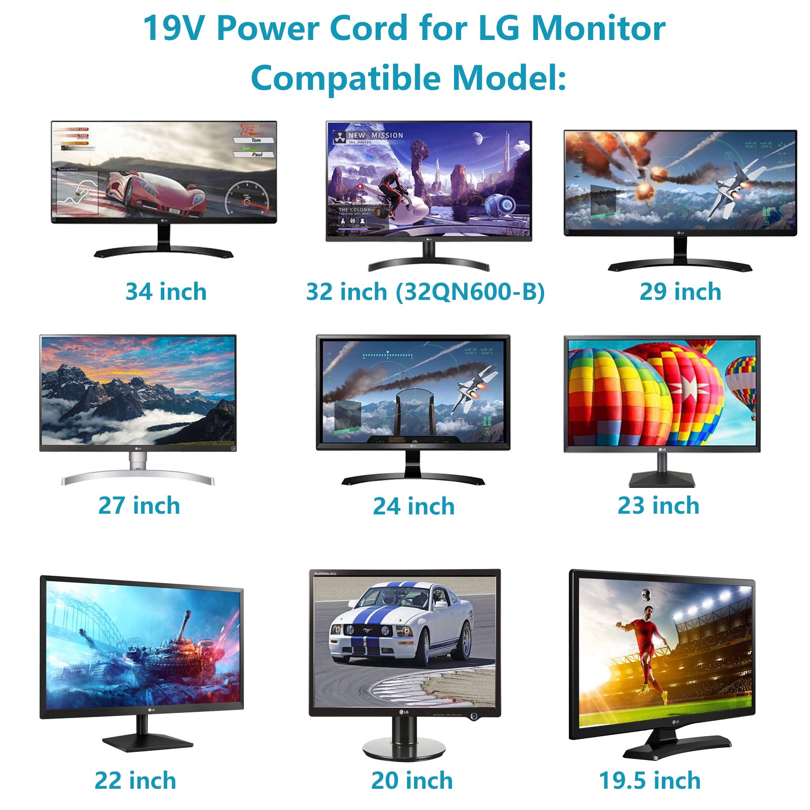LG Monitor Power Cord 19V 3.42A for UltraWide 4K UHD LCD Screens - Home & Office Use