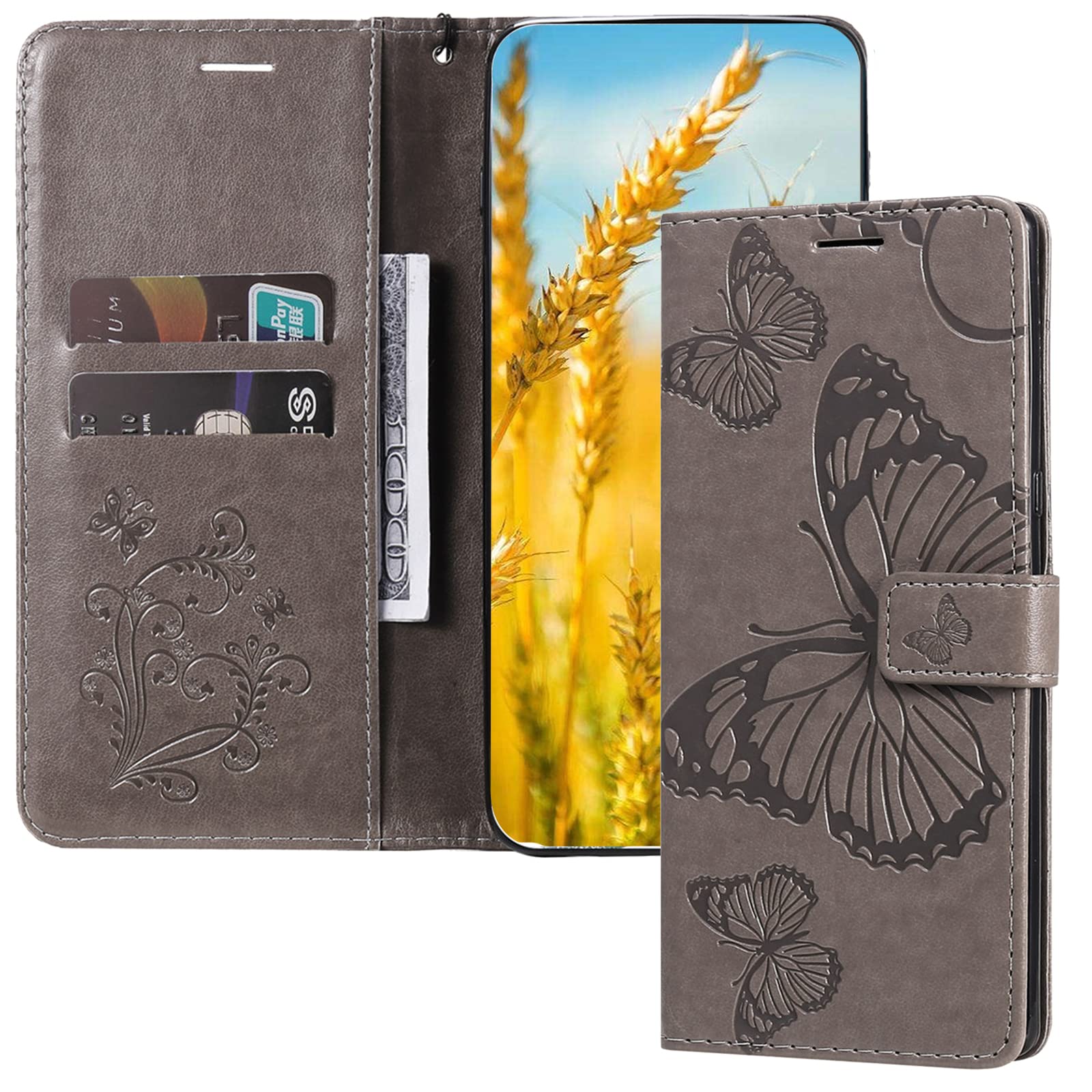 Premium PU Leather Flip Wallet Case for iPhone SE 2020/iPhone 8/iPhone 7 - Shockproof Protective Cover with Card Holder & Butterfly Flower Embossed Design (Big Butterfly Gray) - Perfect for Daily Use, Travel, and Business Meetings