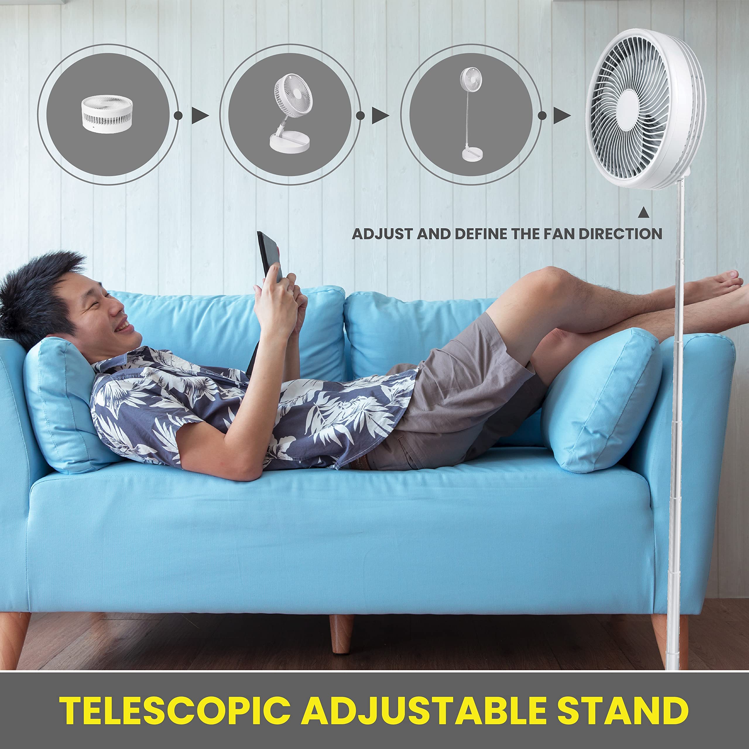 Foldable Rechargeable Desk Fan - Portable Travel Fan with 3 Speed Modes, Extends from 4 to 40 Inches, USB Powered for Home, Office, Bedroom & Outdoor Use - Perfect for Sleeping, Camping & Travel