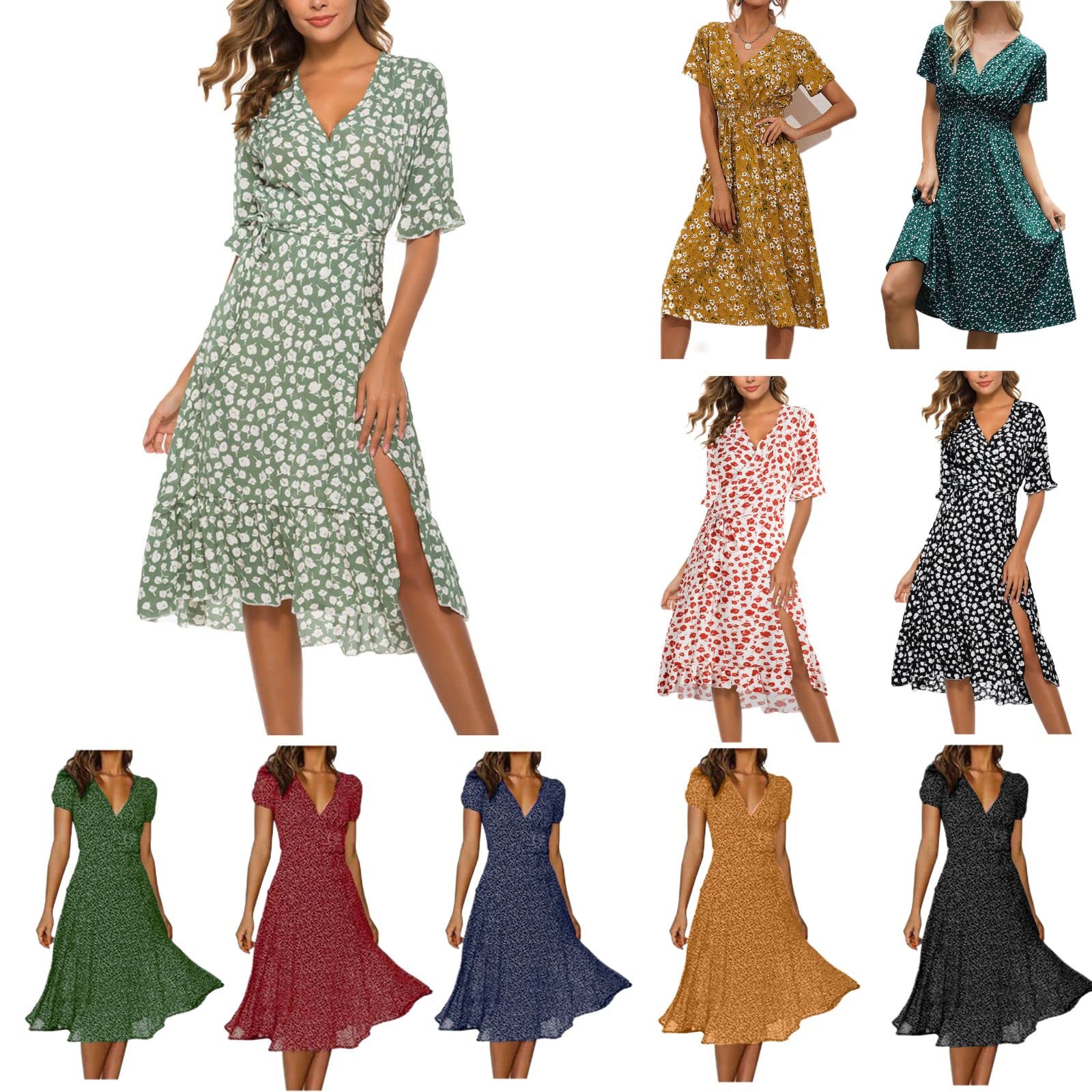 Women's Long Boho Floral Midi Dress - Short Sleeve V-Neck Summer Wedding Guest Dress with Slit | Perfect for Beach Weddings, Garden Parties & Vacation Outfits