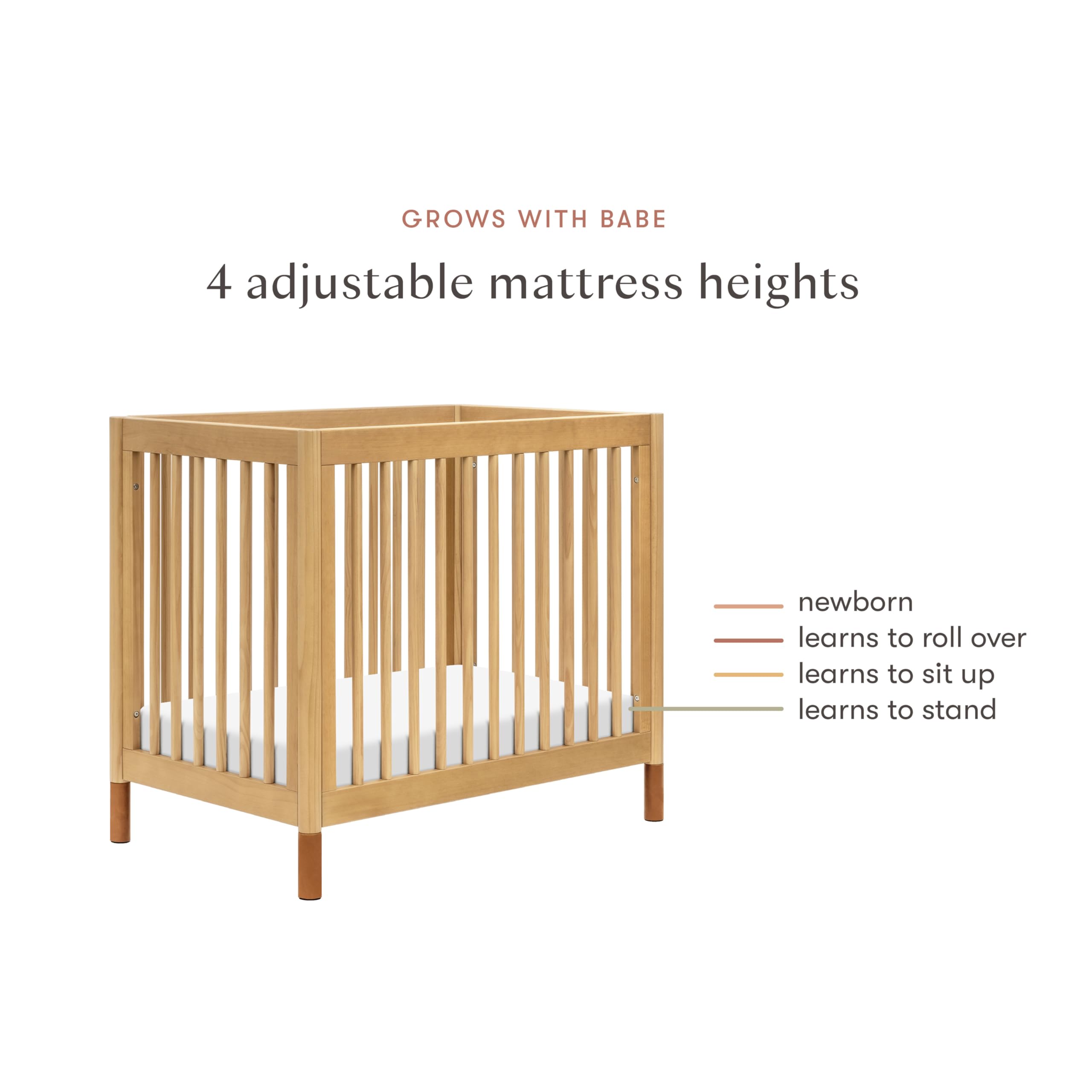 Babyletto Gelato 4-in-1 Convertible Mini Crib - GREENGUARD Gold Certified Wooden Toddler Bed, Daybed & Twin Bed with 4 Adjustable Heights - Space-Saving Nursery Furniture for Small Rooms - Honey Finish with Vegan Tan Leather - Ideal for Newborns, Infants & Toddlers in Apartments or Shared Bedrooms