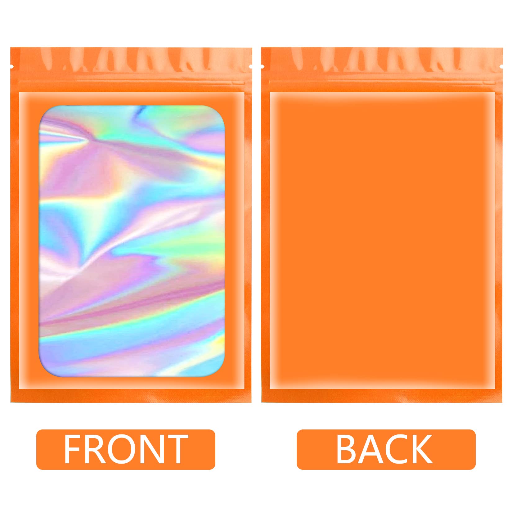 Funfery 100-Pack Orange Holographic Mylar Bags - Smell Proof & Resealable Food Storage Bags, Odor Proof Foil Pouch for Lip Gloss, Jewelry, Eyelash Packaging (2.4x3.9 Inch) - Perfect for Small Business & Home Organization