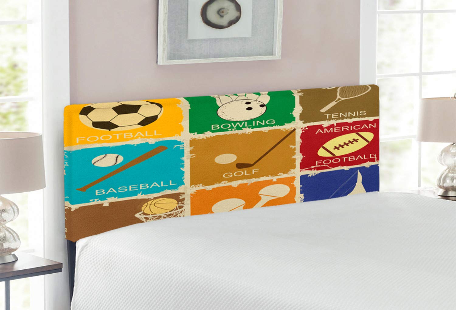 Ambesonne Vintage Sports Headboard - Golf Bowling Baseball Tennis Design, Upholstered Metal Bed Headboard with Memory Foam, Full Size, Multicolor - Perfect for Sports Lovers' Bedroom Decor