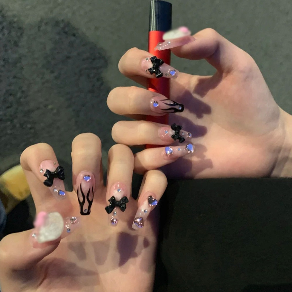 24pcs Flame Charm Ballet Coffin Fake Nails with Rhinestone Bow Decals - Long Wearable Artificial Nails for Manicure, Parties & Special Occasions