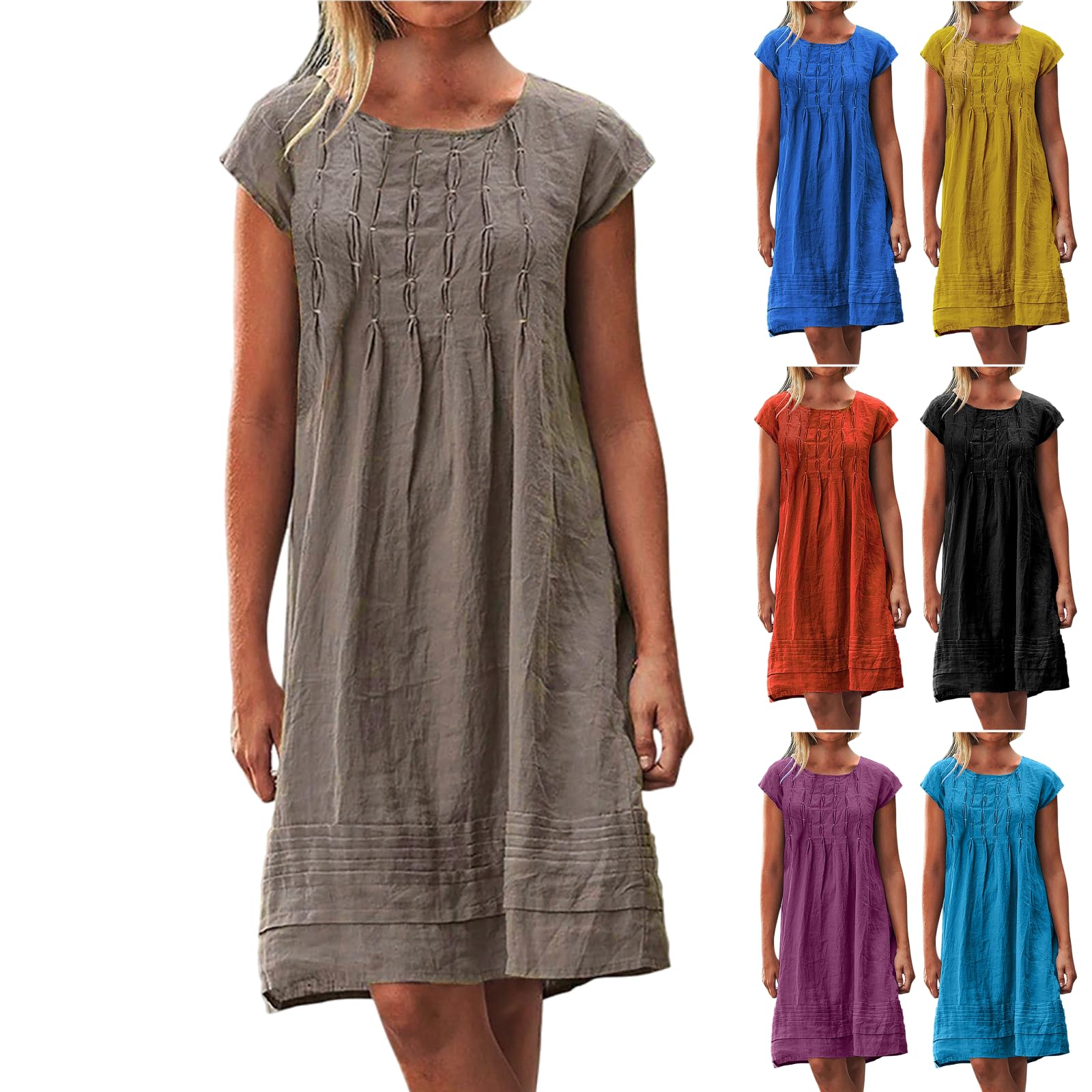 Women's Linen Pleated Summer Dress - Round Neck Short Sleeve Sundress for Beach, Vacation & Casual Wear | Breathable Mini Dress for Hot Weather | Perfect for Outdoor Activities, Travel & Summer Parties 2025