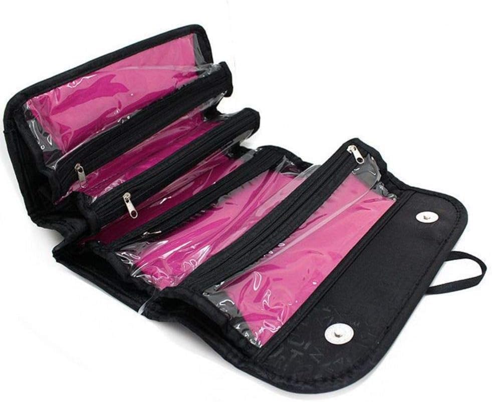 PRH Basics 3-Layer Roll-Up Cosmetic Makeup Bag with Hanging Hook | Foldable Travel Toiletry Organizer for Women | Vanity Case, Hanging Pouch, Portable Cosmetic Storage (Black) - Perfect for Travel, Gym & Daily Makeup Organization