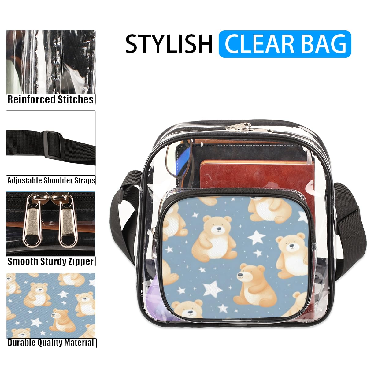 Mularoka Bear Star Clear Crossbody Purse Bag - Cute Transparent Stadium Approved Bag for Women & Men - Perfect for Concerts, Festivals, Sports Events & Travel Essentials
