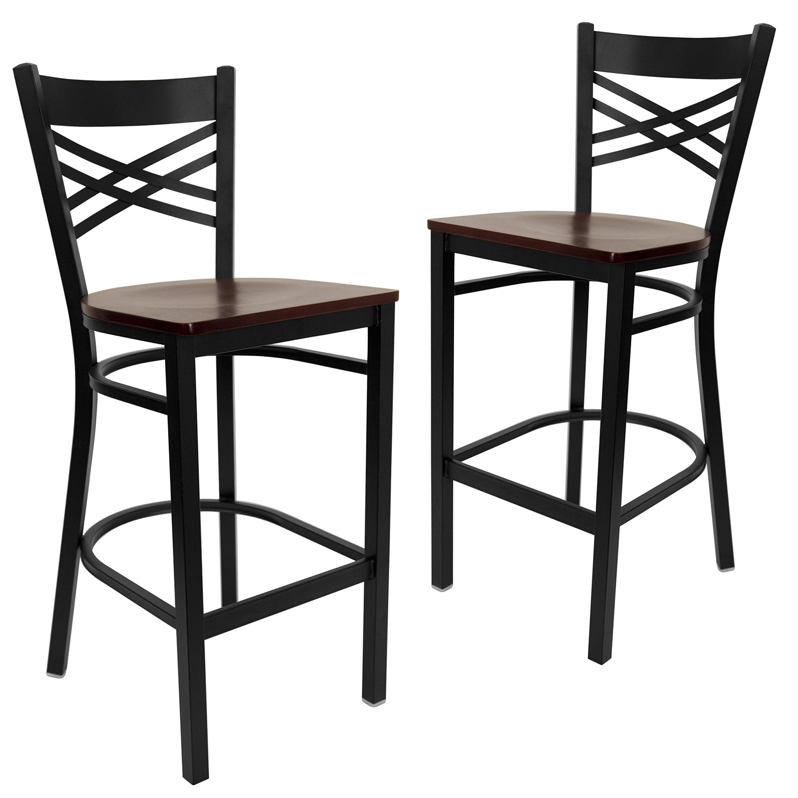 2 Pack Black X-Back Metal Bar Stools with Mahogany Wood Seat - Heavy Duty Counter Height Stools for Kitchen Island, Restaurant, Bar & Home Decor