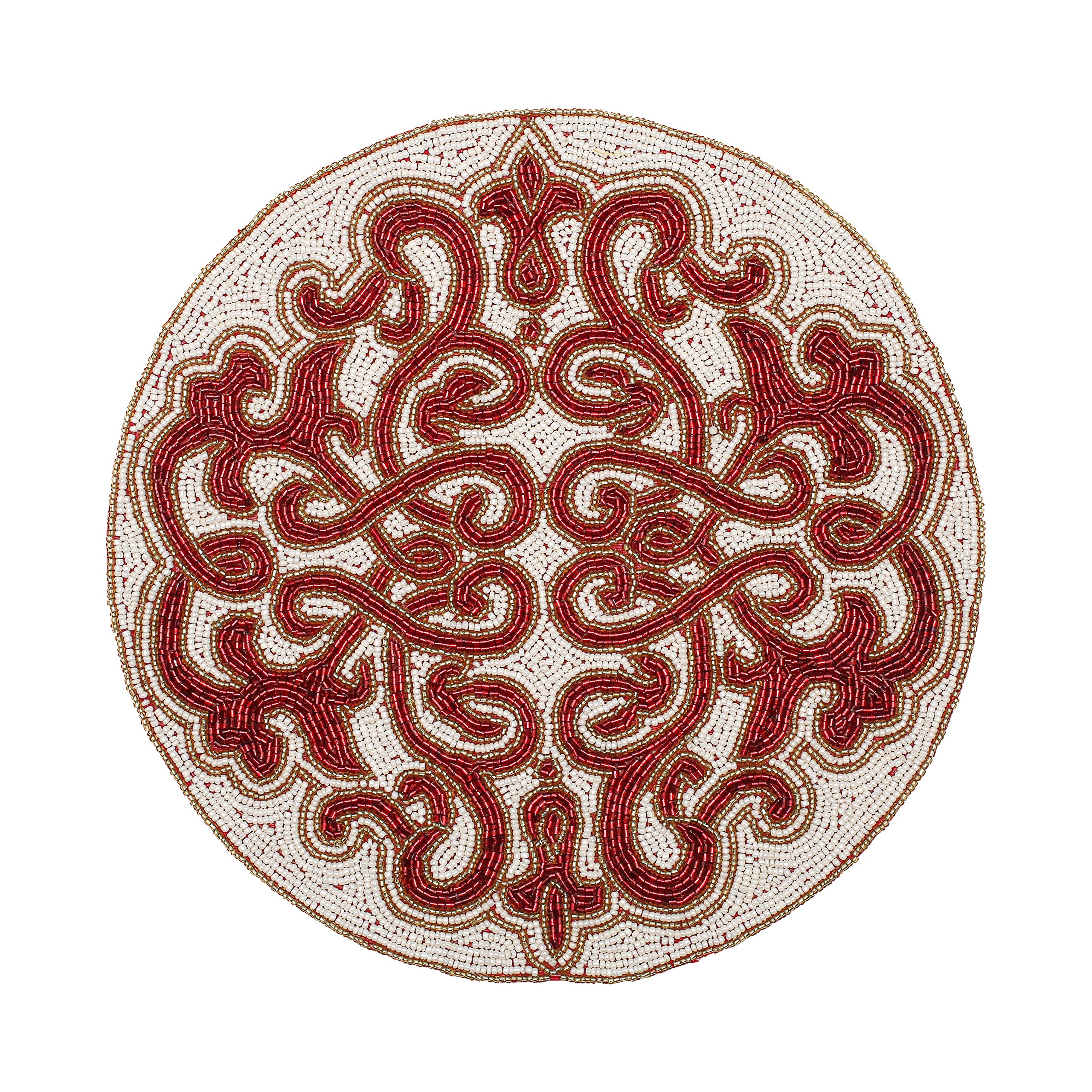 Elegant Beaded Round Placemats Set - 13 Inch White, Red & Gold Dining Table Decor for Holiday, Christmas & Special Occasions | Perfect for Festive Dinner Parties, Wedding Receptions & Home Decor
