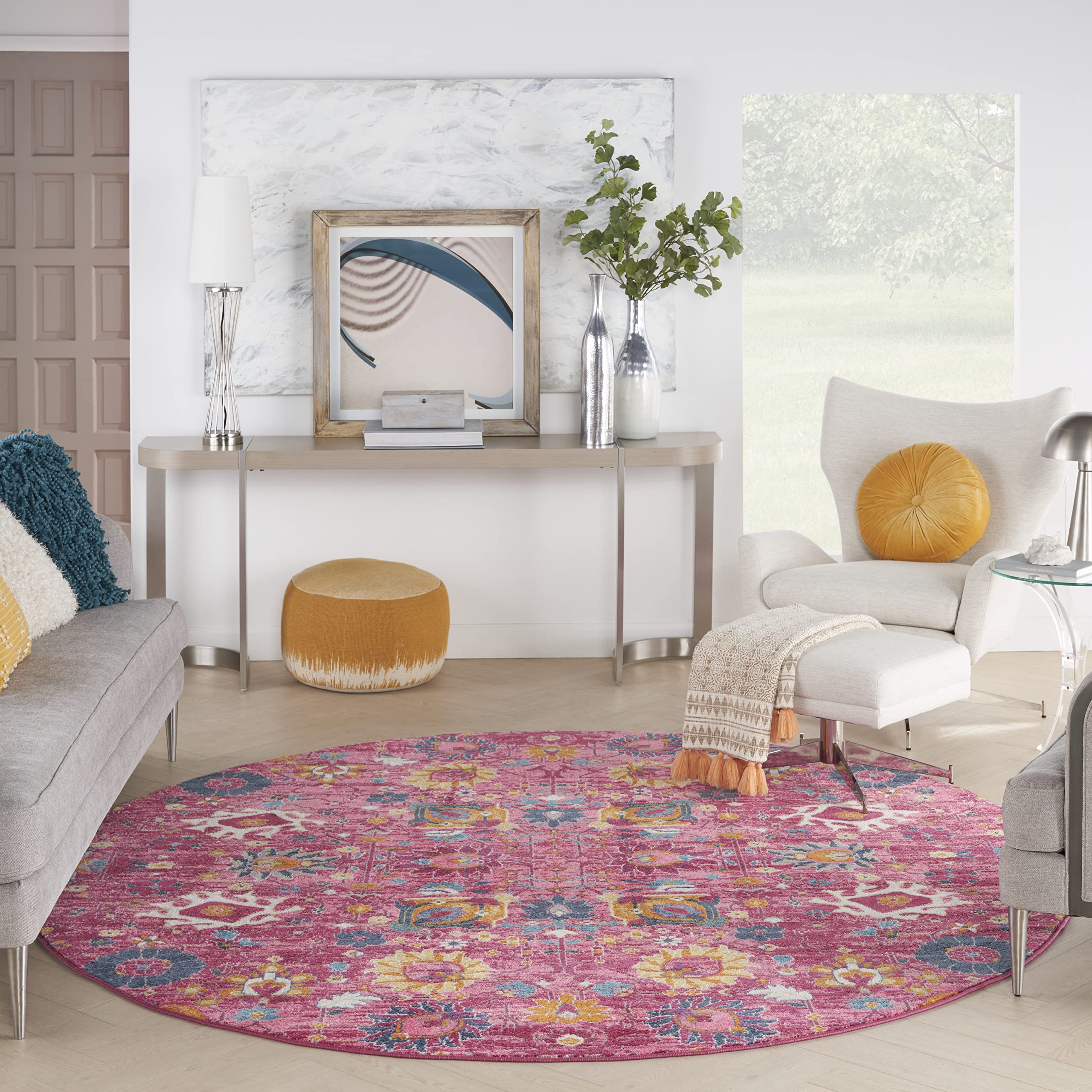 Nourison Passion Fuchsia 8' Round Area Rug - Boho Moroccan Style for Bedroom, Living Room, Dining Room & Kitchen - Easy to Clean & Non-Shedding - Perfect for Boho Chic Decor, Cozy Home & High Traffic Areas (8' Round)