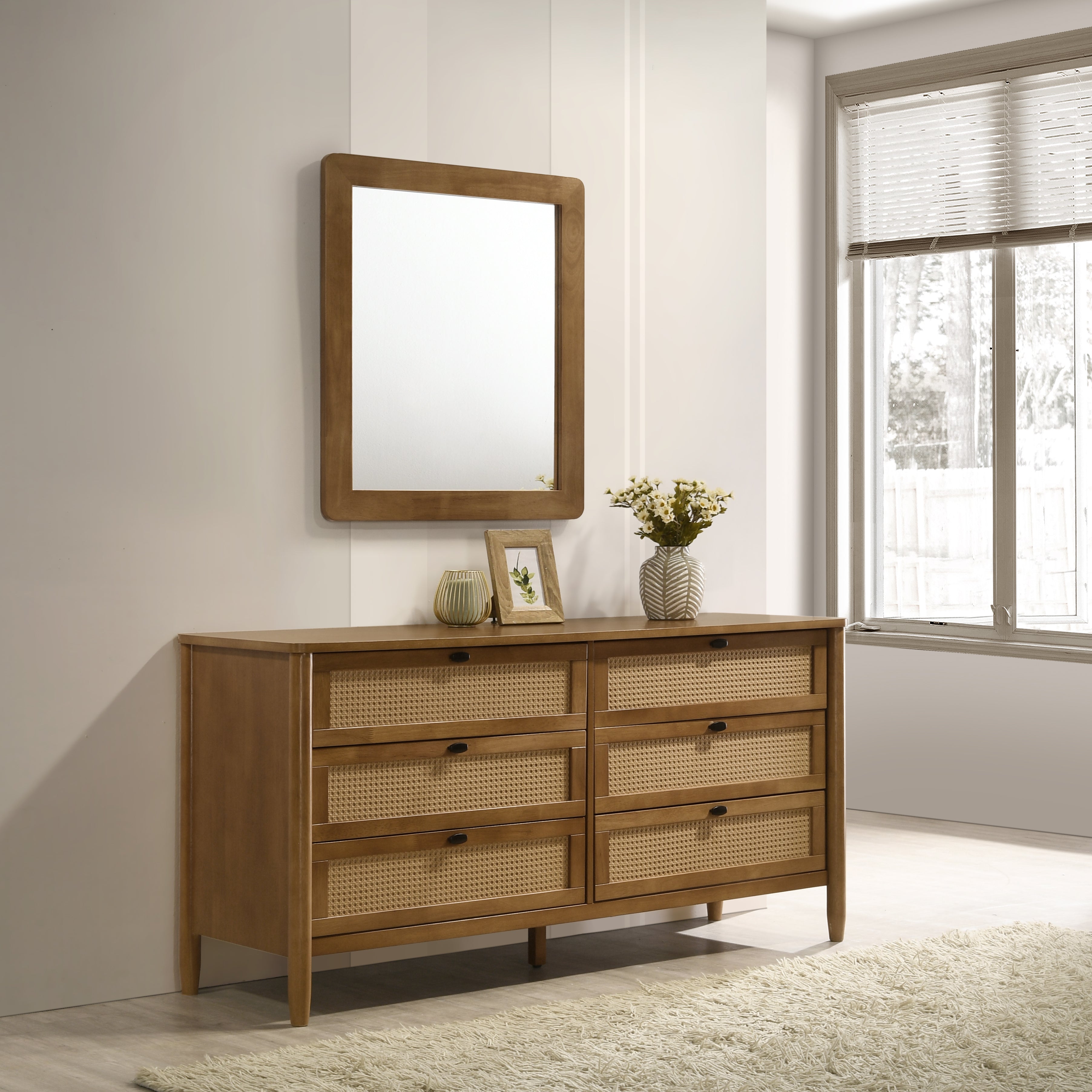Roundhill Furniture Vichy 5-Piece Rubberwood Bedroom Set - Queen Upholstered Bed, Chest, Dresser, Mirror & 2 Nightstands | Solid Wood Furniture for Master Bedroom, Guest Room & Apartment Decor