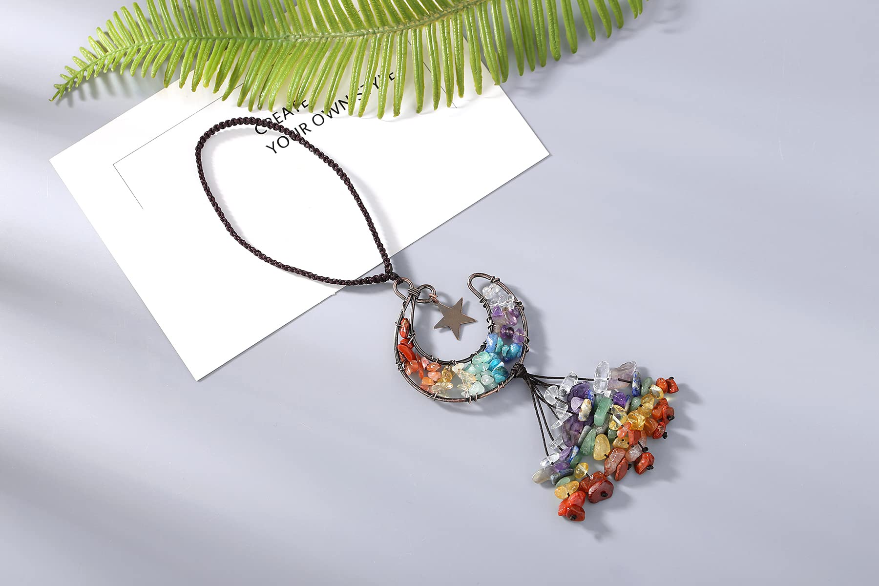 Chakra Crystal Car Rear View Mirror Hanging Ornament - Moon Shape Boho Hippie Style Car Accessories for Women & Men | Spiritual Decor, Meditation & Positive Energy in Vehicle