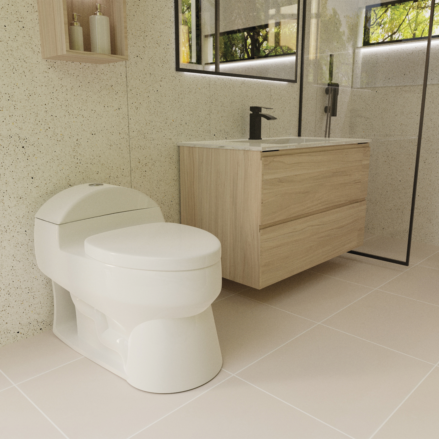 DAX One Piece Modern Oval Toilet - Water Efficient Elongated Bowl with Soft Close Seat (BSN CL10012A) | Perfect for Contemporary Bathrooms & Small Spaces