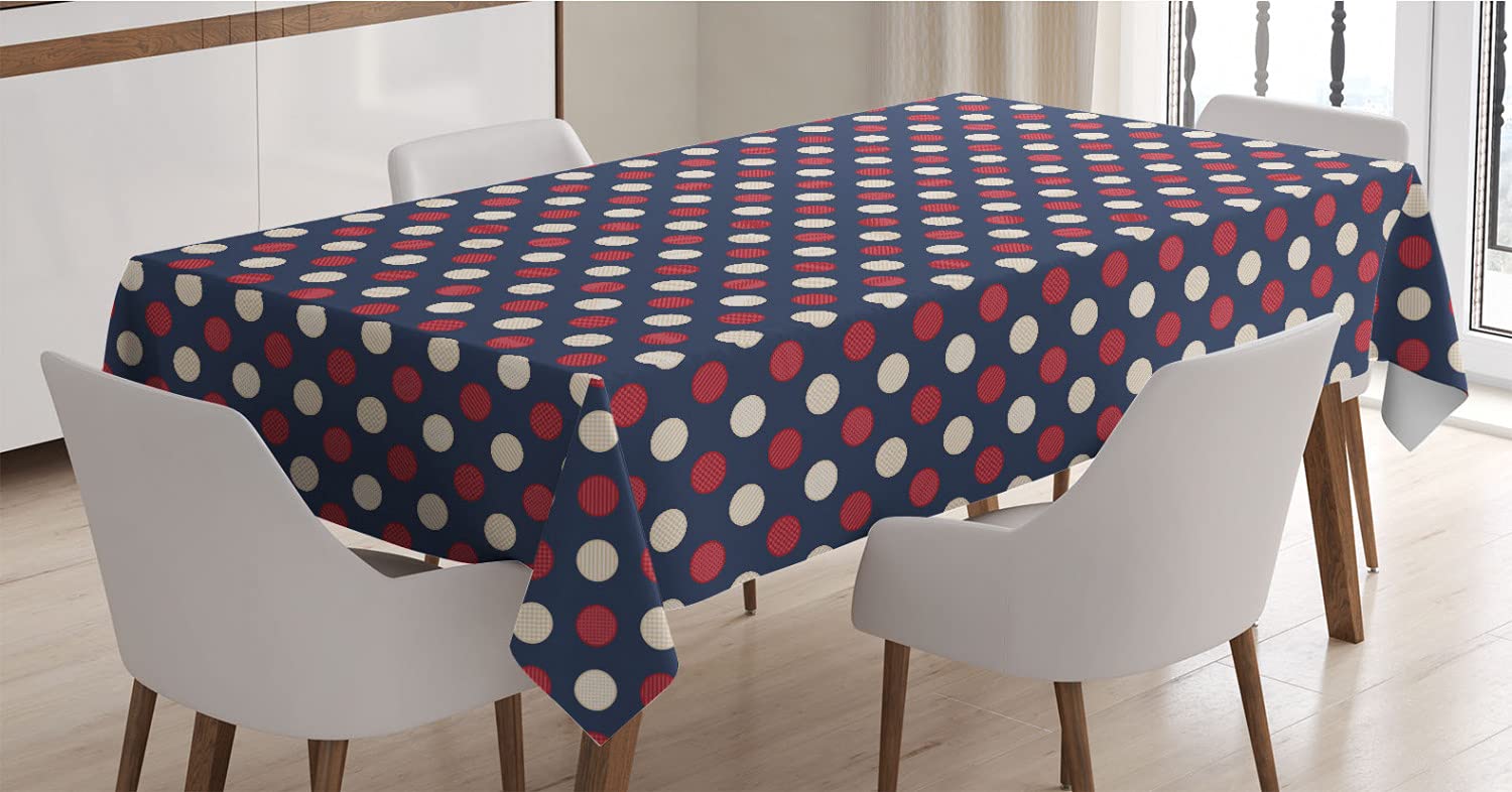 Ambesonne Abstract Tablecloth - Retro Large Circles with Stripes & Round Spots - 60x90 Inch Rectangle Satin Dining Table Cover - Dark Coral & Night Blue - Perfect for Kitchen, Dining Room & Party Decor