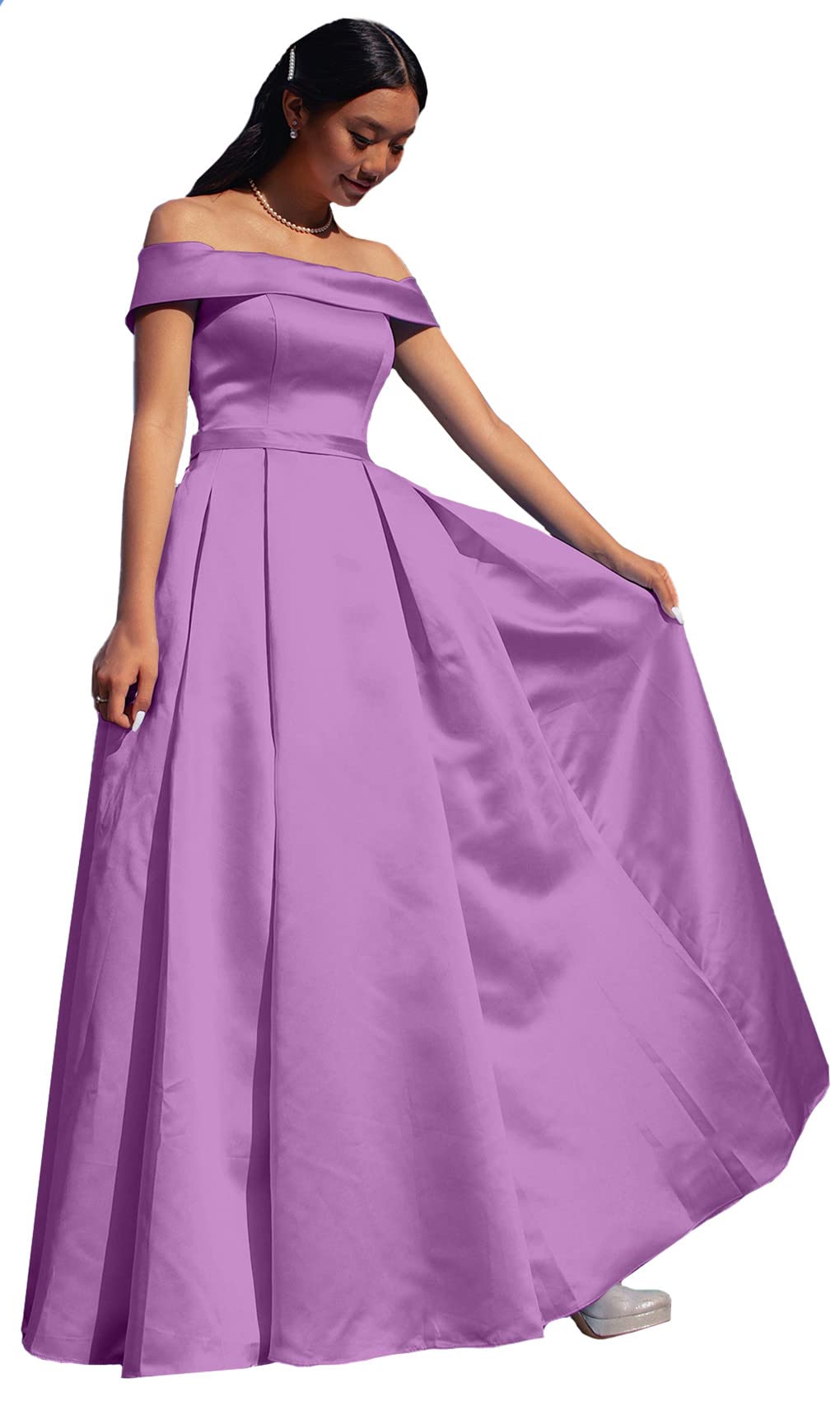 ANGELWARDROBE Women's Off Shoulder Prom Dresses Long Formal Evening Gowns - Satin A-Line Party Dress with Slit Pockets for Homecoming, Wedding Guest & Black Tie Events