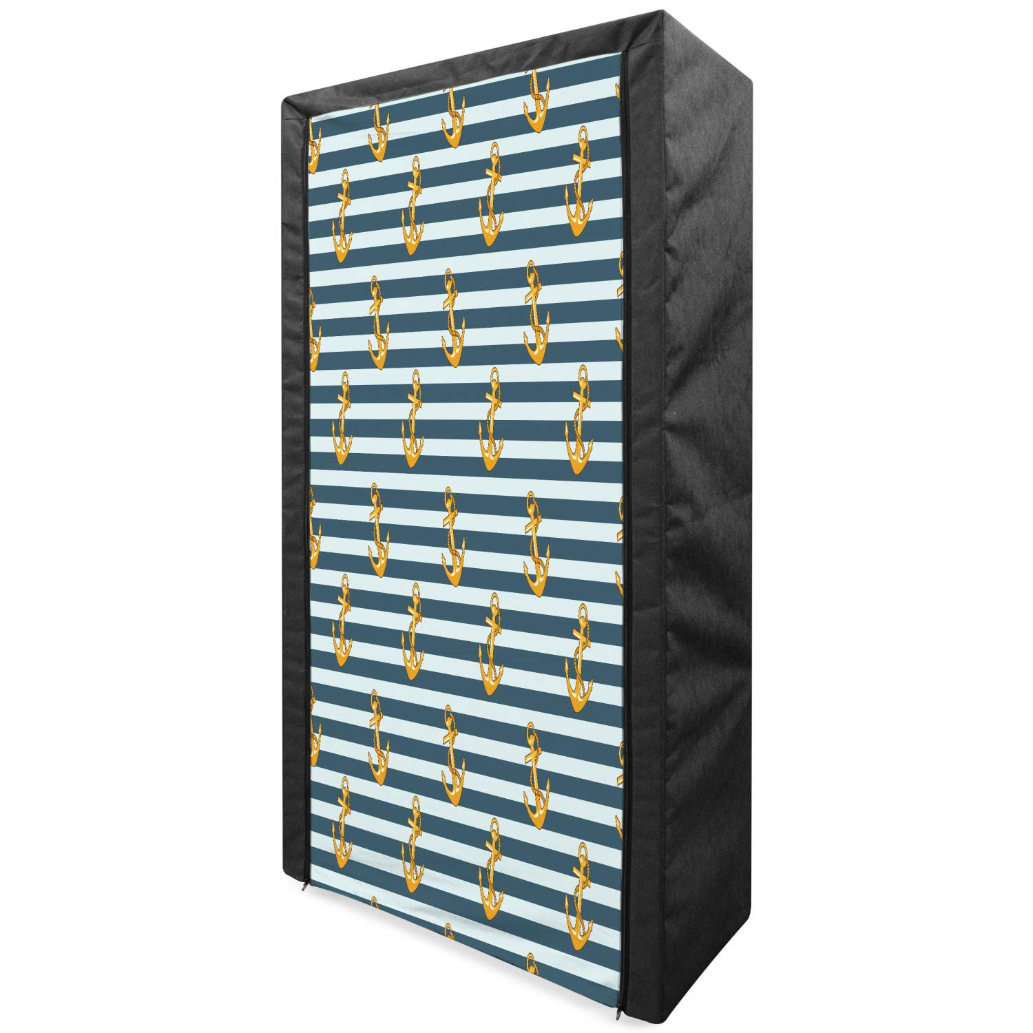 Ambesonne Nautical Fabric Wardrobe - Portable Clothing Organizer with Shelves, 33.5 Inch, Earth Yellow & Slate Blue - Vintage Anchor Design for Bedroom, Dorm, or Travel Storage