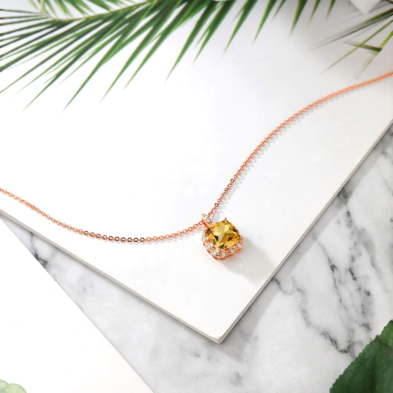 18K Rose Gold Plated Silver 10MM Cushion Gemstone Birthstone Pendant Necklace for Women | Halo Necklace with 18 Inch Silver Chain | Elegant Gift for Birthday, Anniversary & Special Occasions