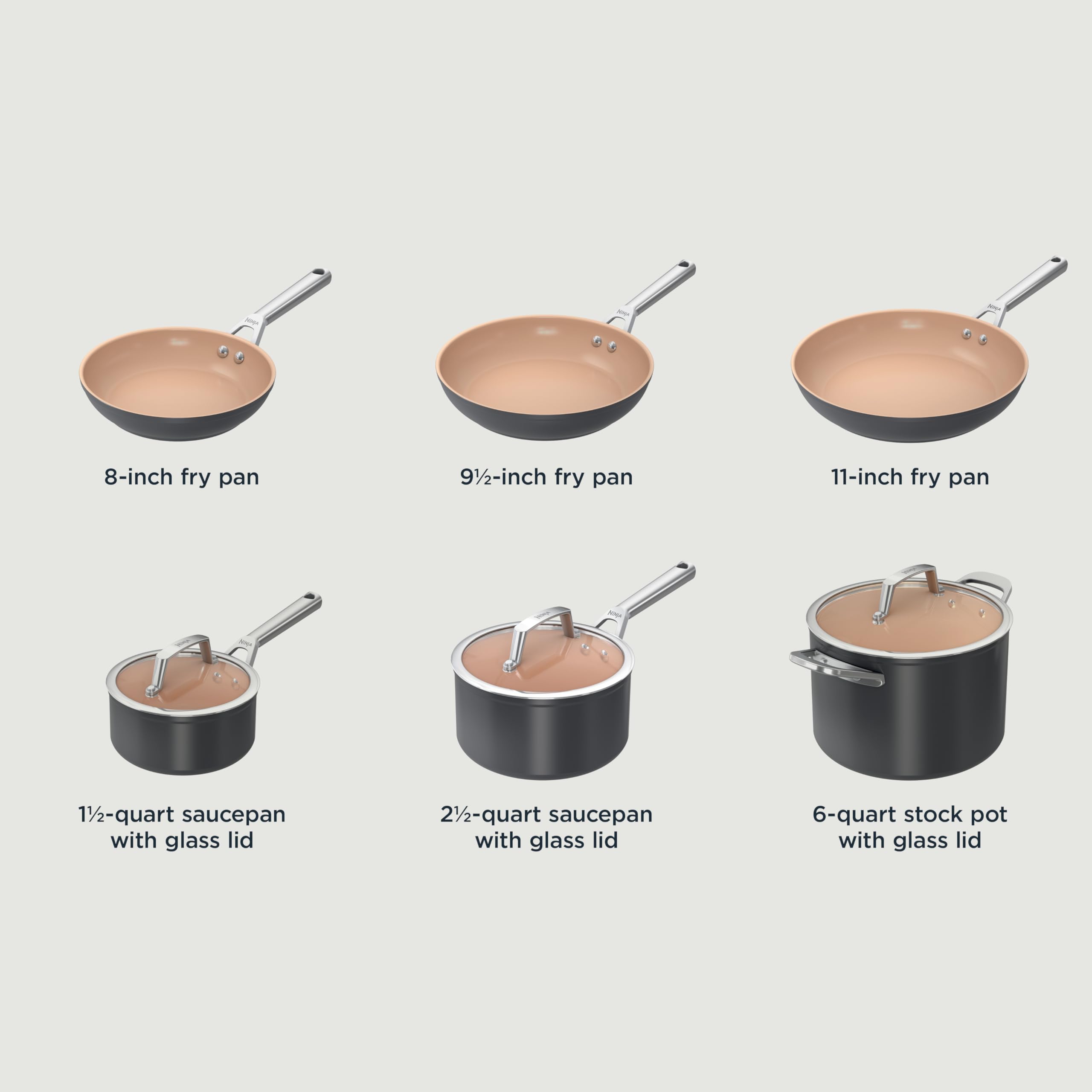 Ninja Pots and Pans Set - 9-Piece Nonstick Ceramic Cookware Set | PTFE & PFOA Free | Oven Safe to 550°F | Induction Compatible | 3 Frying Pans & 3 Cooking Pots | Extended Durability | Perfect for Home Cooking, Meal Prep & Professional Chefs | CW99009