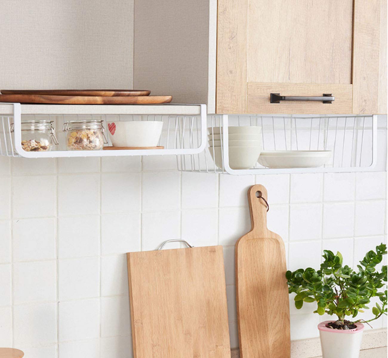 2 Pack Under Shelf Hanging Baskets - Space Saving Storage Organizer for Kitchen, Pantry, Office, Bookshelf, Closet & Bathroom - Perfect for Spices, Books, Toiletries & Small Items