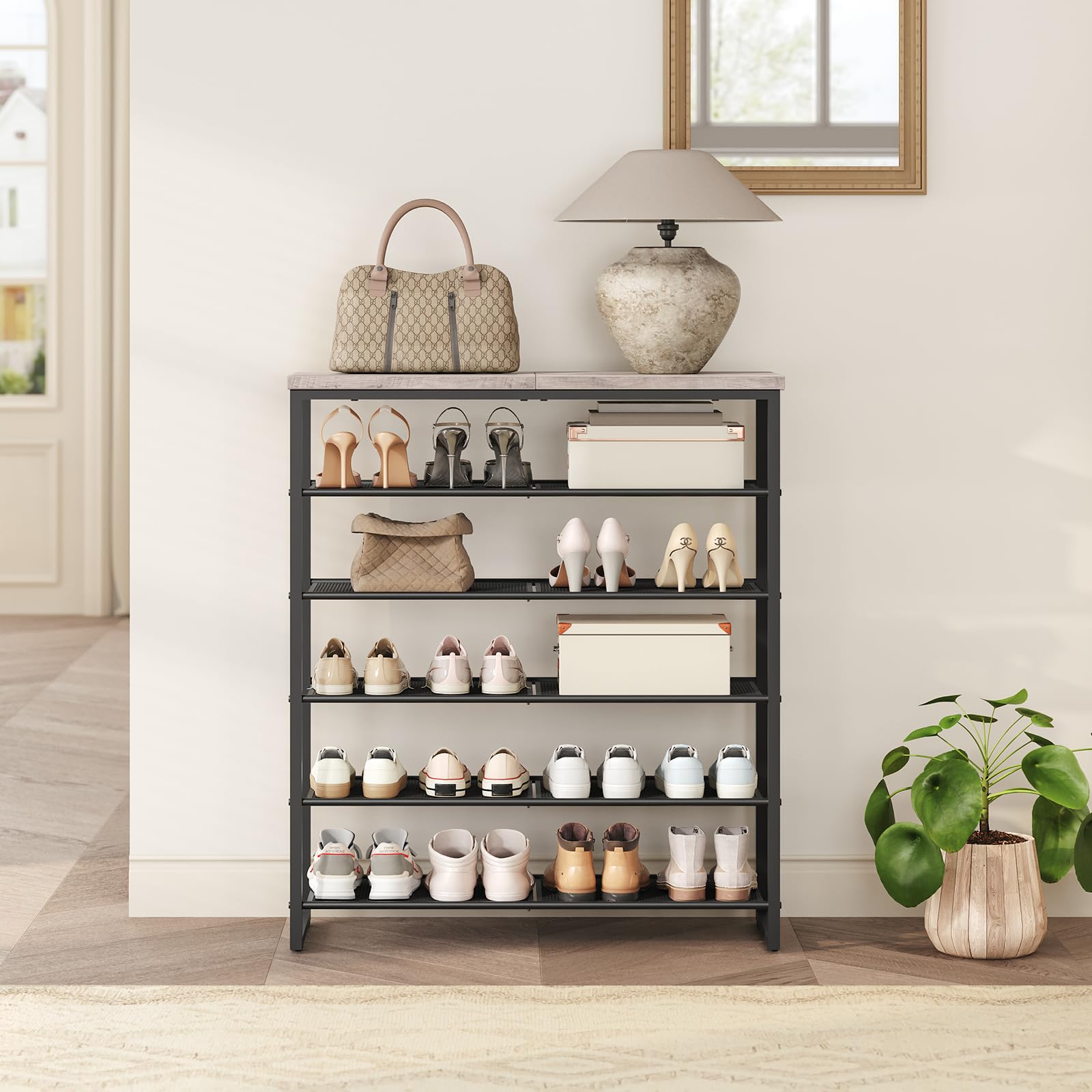 HOOBRO 6-Tier Shoe Rack Organizer - Holds 18-24 Pairs of Shoes, Large Capacity Entryway Storage Shelf for Closet, Hallway, Dorm Room - Industrial Style in Greige & Black (BG67XJ01G1) | Perfect for Small Spaces & Shoe Organization