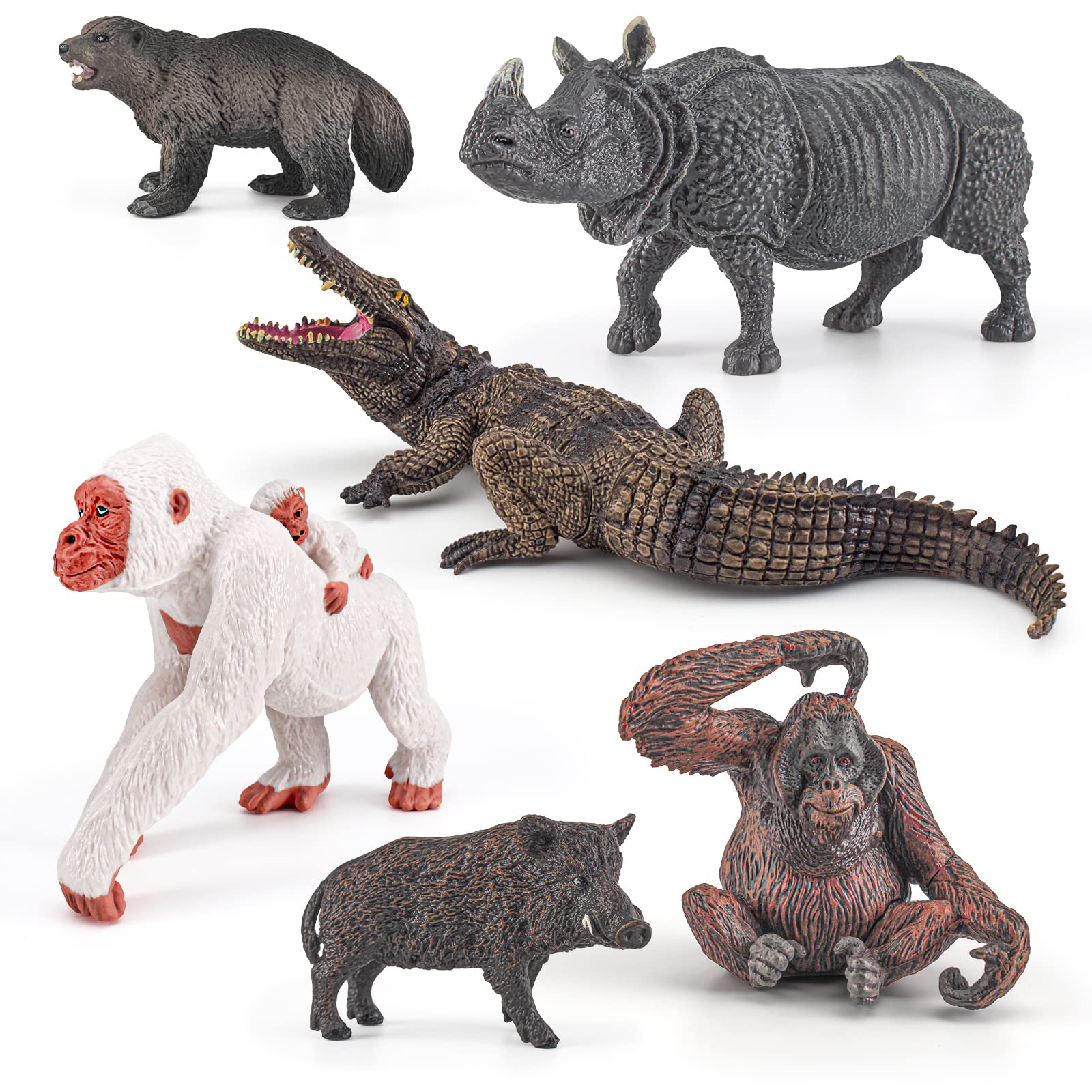 6PCS Realistic Reptile & Jungle Animal Figures - Forest Animal Toys Set Including Orangutan, Crocodile, Rhino, Wild Boar & Weasel - Educational Cognitive Toys for Boys & Girls - Perfect for Table Decor, Christmas Scenes, Birthday Parties & Preschool Learning Activities