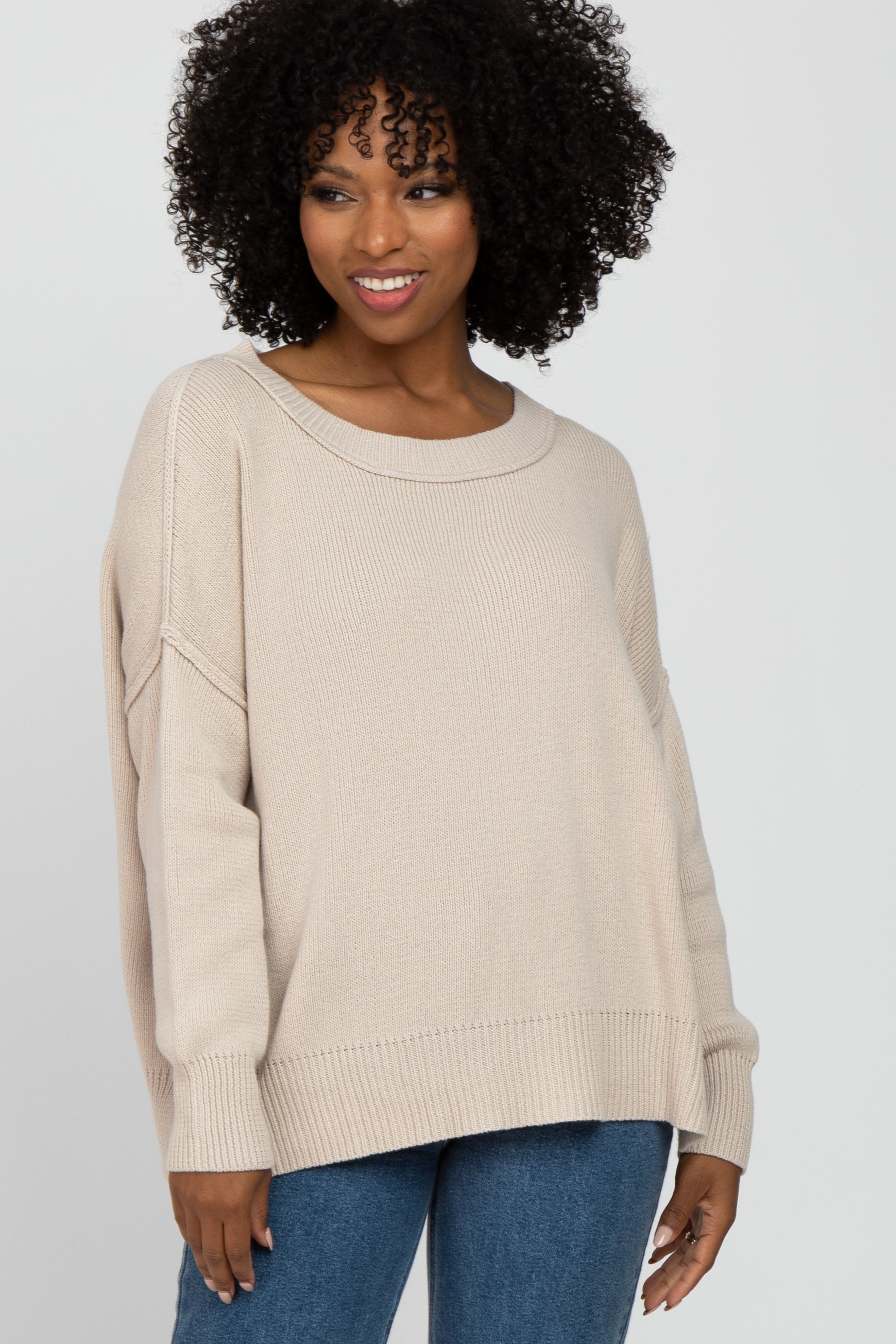 Beige Exposed Seam Side Slit Sweater for Women - Cozy Knit Pullover with Chic Side Slits for Casual Outfits & Fall Layering