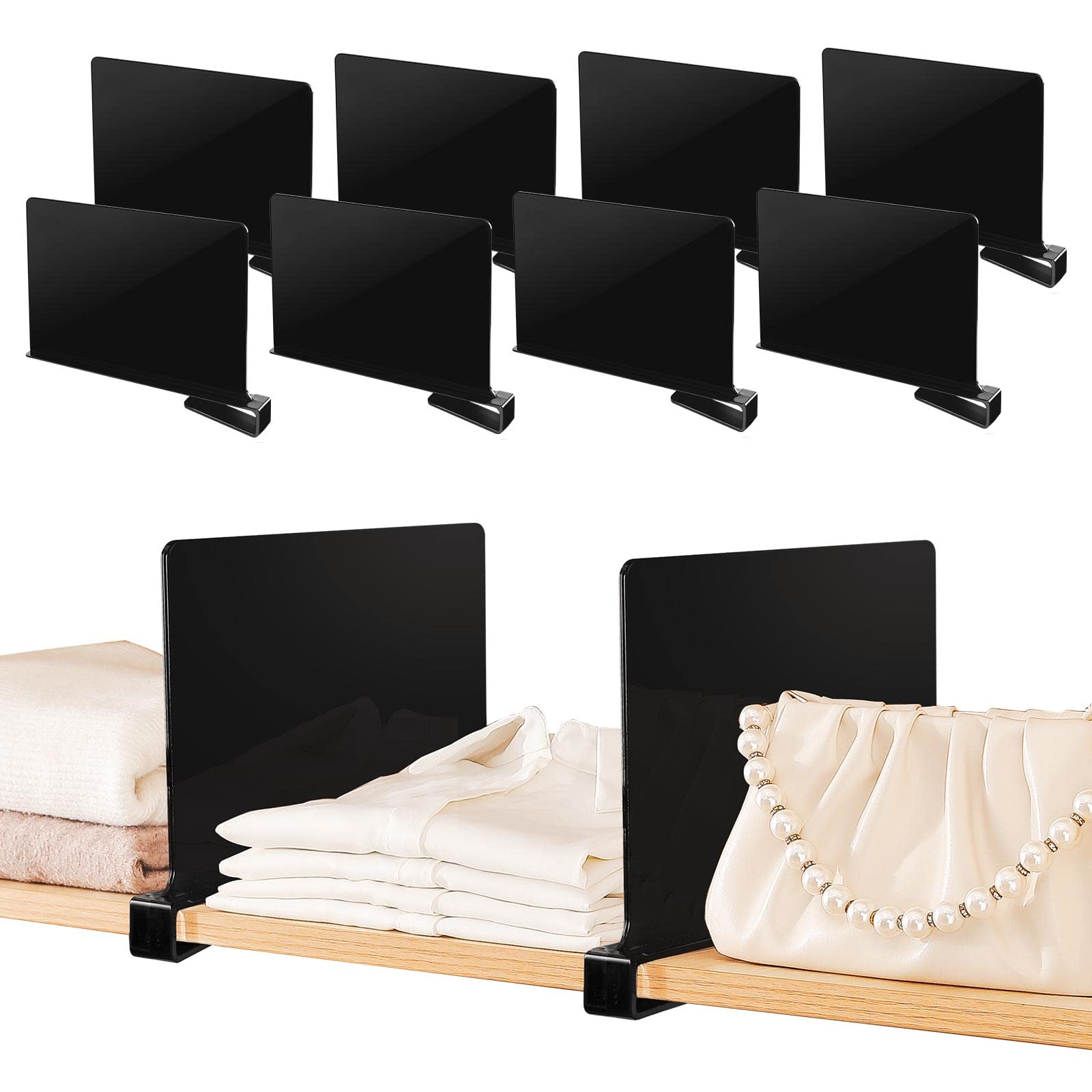 8-Pack Sclvdi Acrylic Shelf Dividers - Adjustable Black Closet Organizer for Clothing, Handbags & Books | Perfect for Pantry, Bedroom & Kitchen Storage | Wood Shelf Separator for Home Organization